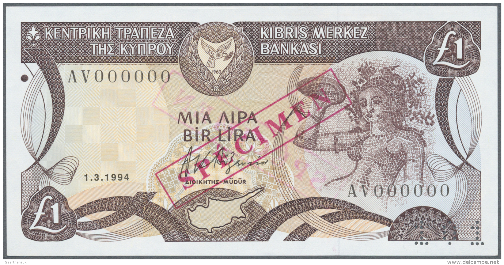 Cyprus / Zypern: 1 Pound 1994 Specimen P. 53cs With Specimen Number Perforation 101 At Lower Right, Red Stamp Specimen A - Chypre