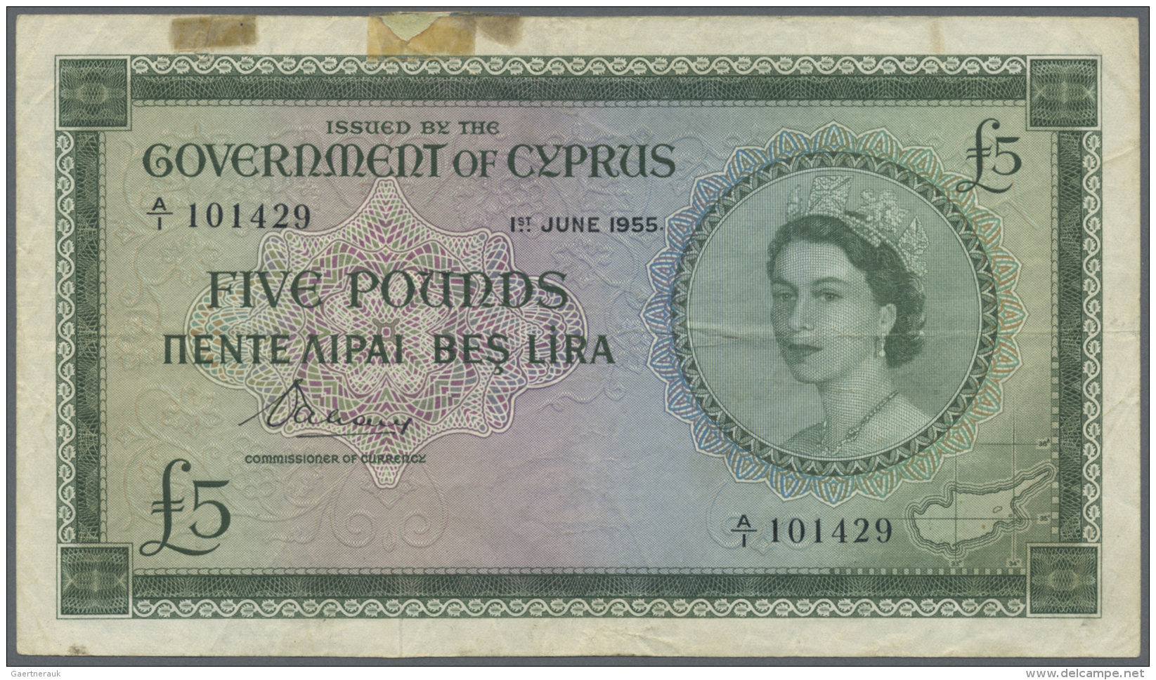 Cyprus / Zypern: Pair With 1 And 5 Pounds 1955, P.35, 36, Both In Well Worn Condition. 1 Pound With Staining Paper, Seve - Chypre