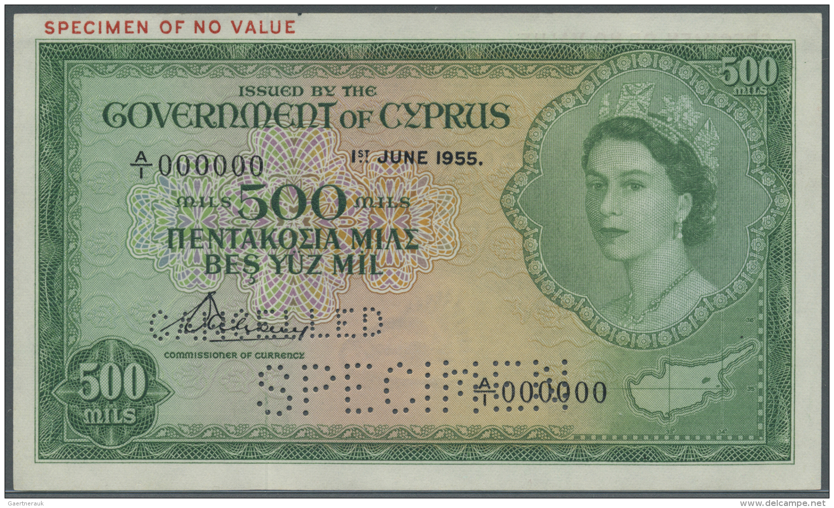 Cyprus / Zypern: 500 Mil 1955 SPECIMEN, P.34as With A Tiny Dint At Upper Right Corner, Otherwise Perfect: AUNC - Chypre