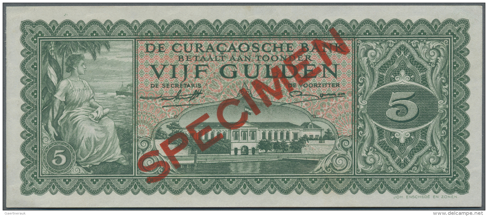 Curacao: 5 Gulden 1948 Specimen P. 29s, Zero Serial Numbers, Red Specimen Overprint, Condition: AUNC (light Bend At Left - Autres - Amérique