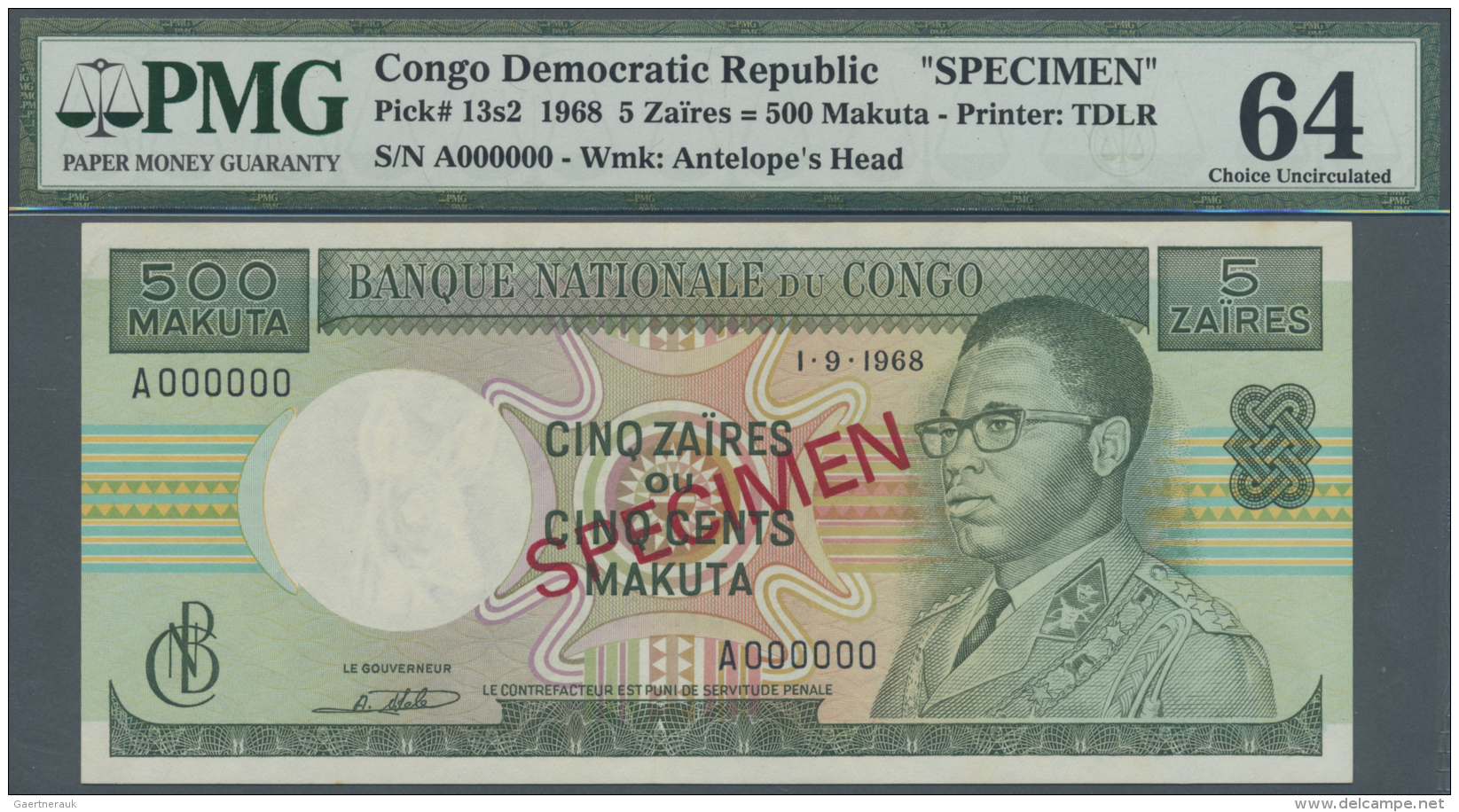 Congo / Kongo: 500 Makuta = 5 Zaires 1968 Specimen P. 13s2, Condition: PMG 64 Choice UNC. - Non Classés