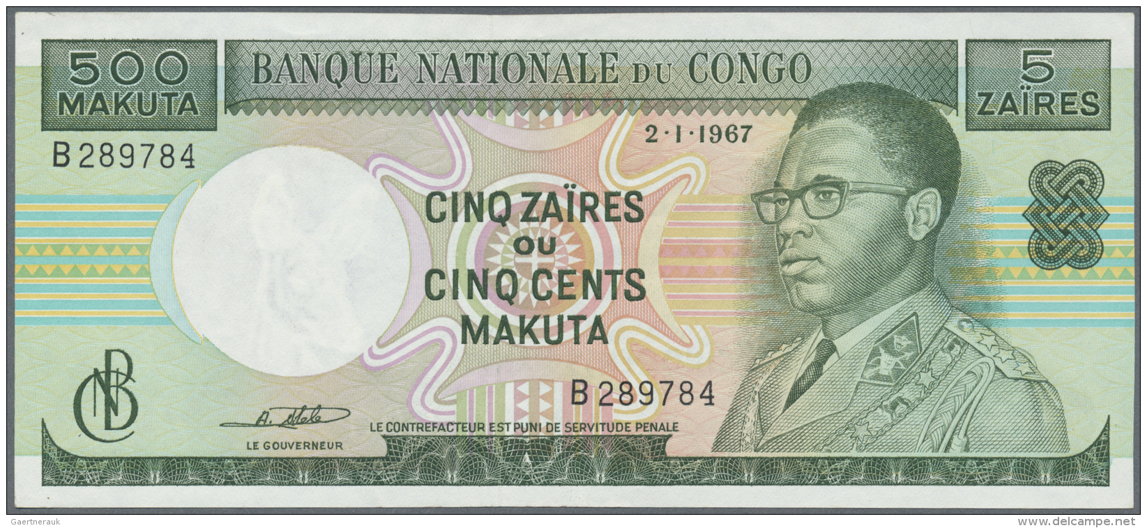 Congo / Kongo: Pair Of 500 Makuta = 5 Zaires 1967 And 500 Makuta = 5 Zaires 1967 SPECIMEN, P.13, 13s. Both Notes In Very - Non Classés