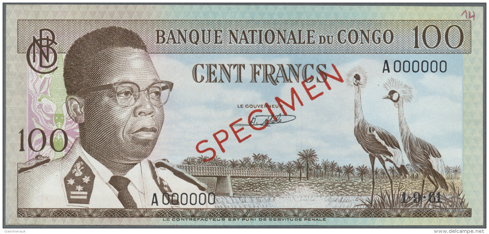 Congo / Kongo: 100 Francs 1961 SPECIMEN, P.6as In Excellent Condition, Traces Of Glue At Right Border On Back And Tiny P - Non Classés