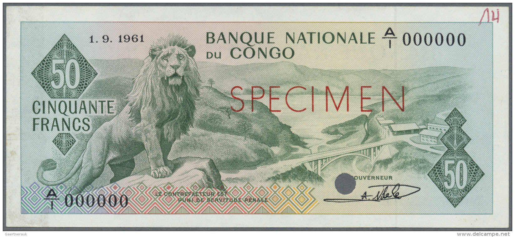 Congo / Kongo: 50 Francs 1961 SPECIMEN, P.5as In Excellent Condition, Traces Of Glue At Right Border On Back And Tiny Pi - Non Classés