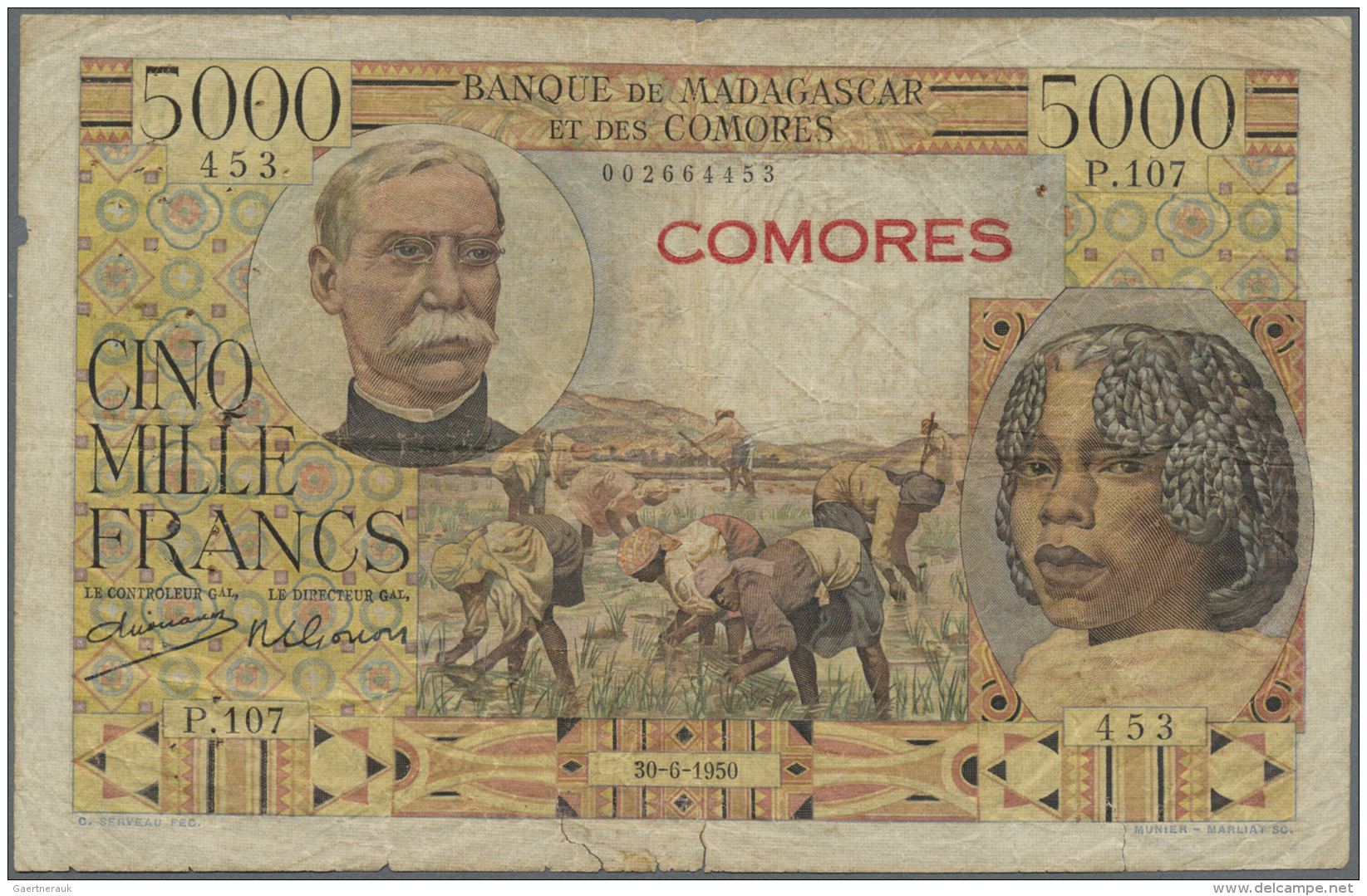 Comoros / Komoren: 5000 Francs ND(1960-63) P. 6a Provisional Issue With Red Overprint COMOROS On 5000 Francs  Madagascar - Comoren