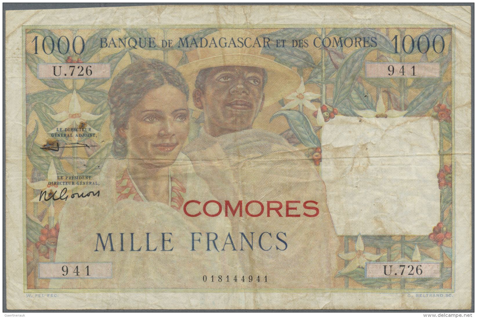 Comoros / Komoren: 1000 Francs ND(1960) P. 5b, Provisional Issue With Red Overprint COMOROS On 1000 Francs Madagascar P. - Comore