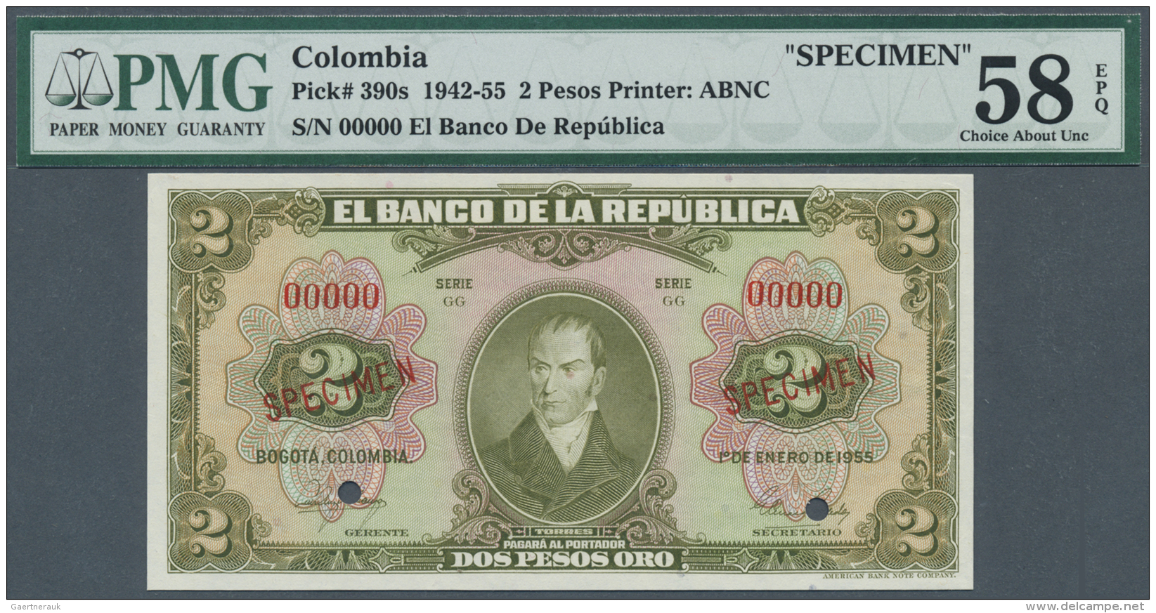 Colombia / Kolumbien: 2 Pesos ND(1942-55) Specimen P. 390s, Condition: PMG Graded 58 About UNC EPQ. - Colombia