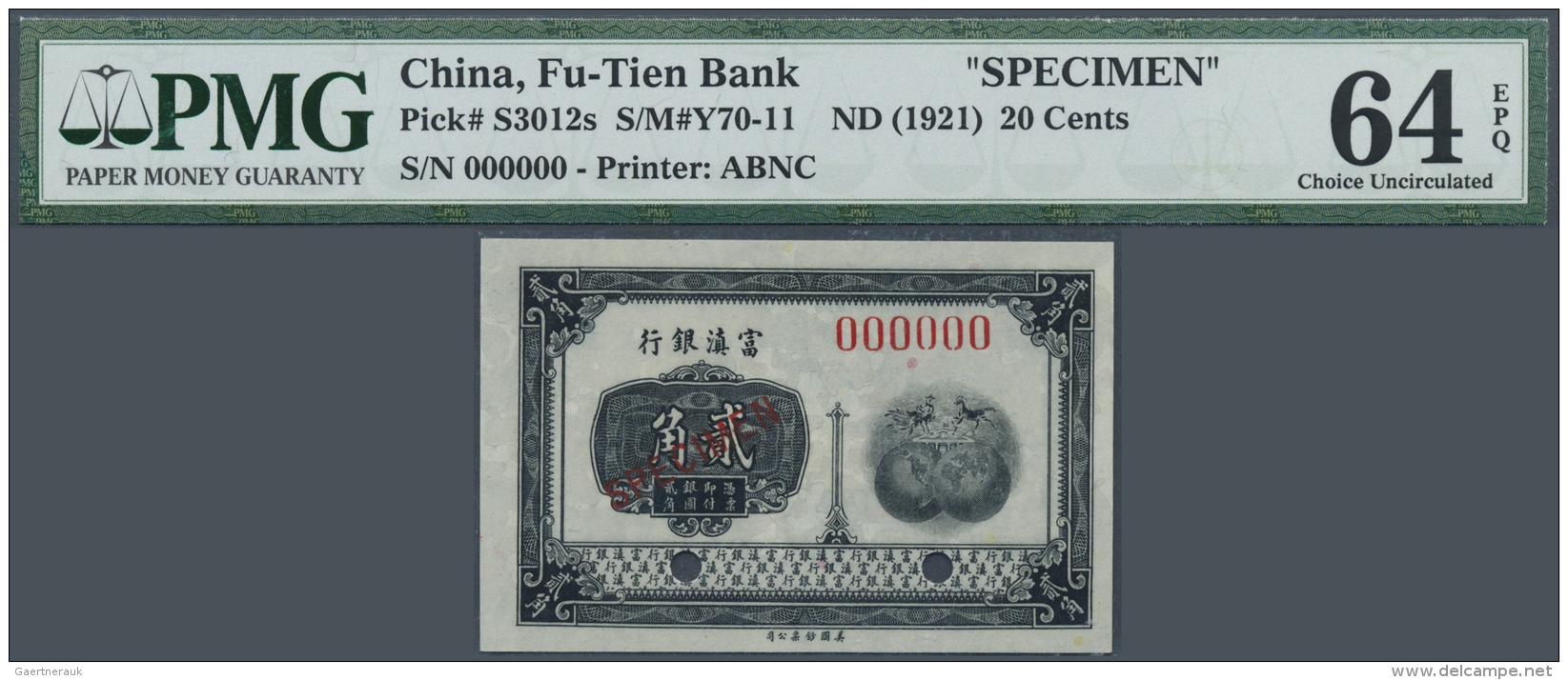 China: Fu-Tien Bank 20 Cents ND(1921) Specimen P. S3012s, Condition: PMG Graded 64 Choice UNC EPQ. - China
