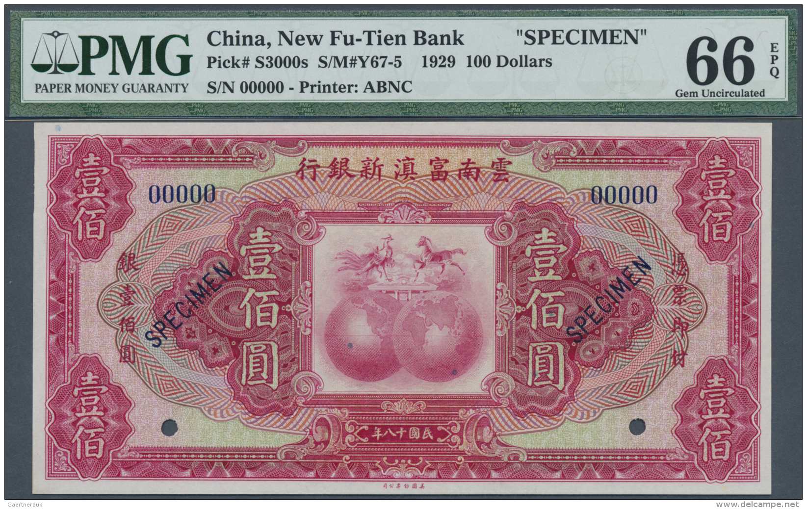 China: New Fu-Tien Bank 100 Dollars 1929 Specimen P. S3000s, Condition: PMG Graded 66 GEM UNC EPQ. - Chine