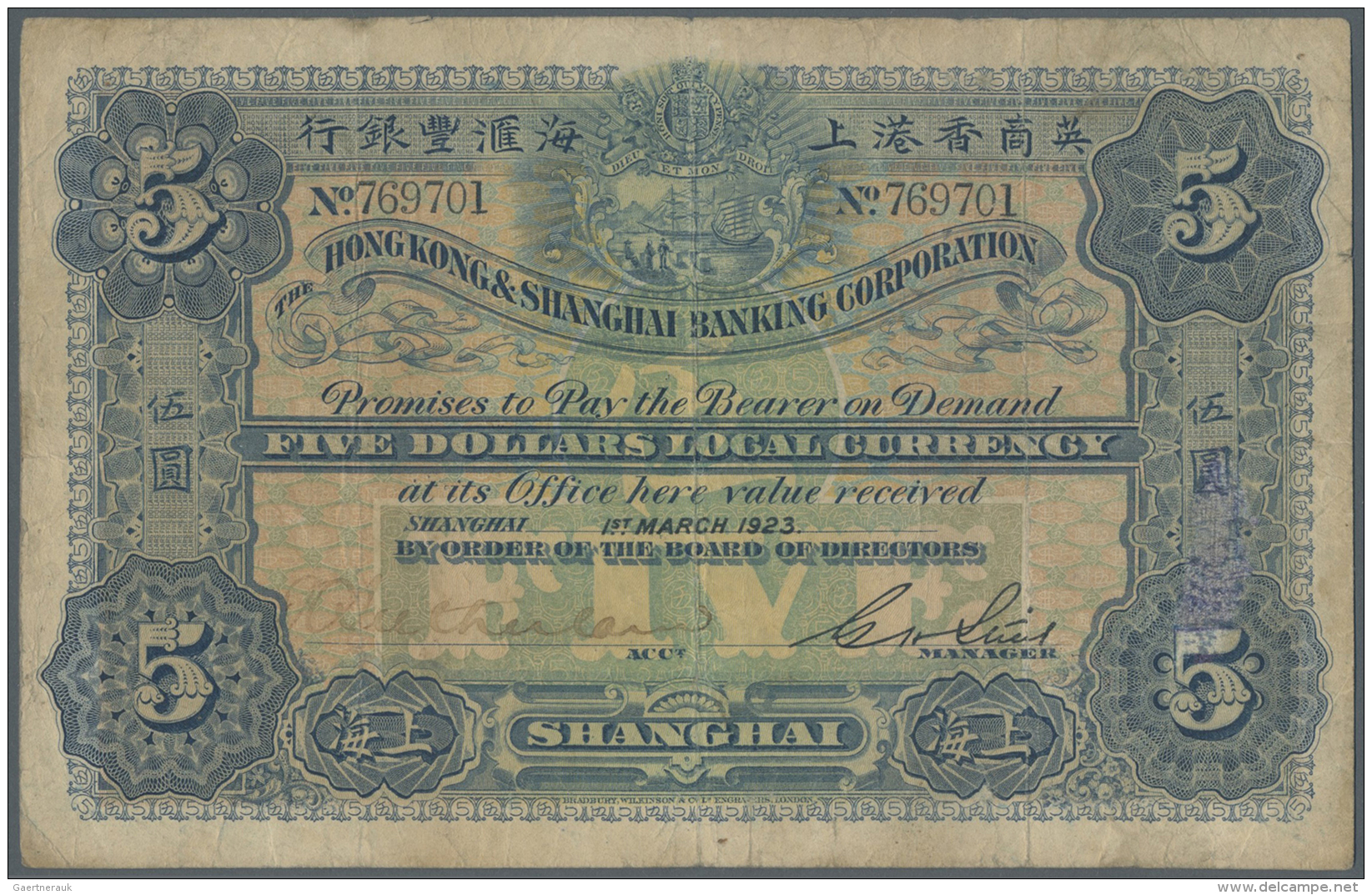 China: Hong Kong &amp; Shanghai Banking Corporation 5 Dollars 1923, P.S353 In Nice Used Condition With Several Folds, Ti - Chine