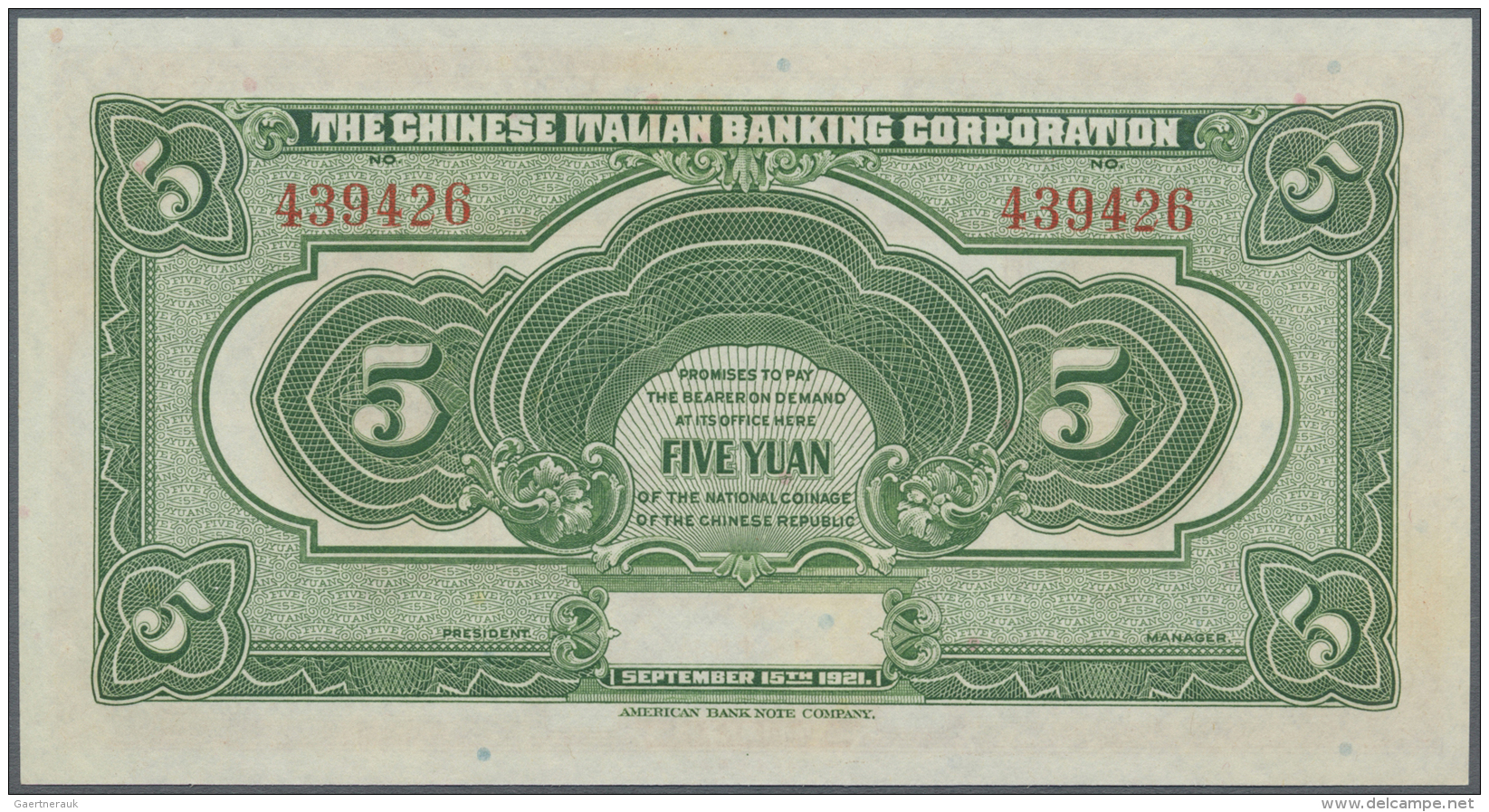 China: 5 Yuan 1921 "The Chinese Italian Banking Corporation" P. S254 In Great Crisp Original And Colorful Condition: UNC - Chine