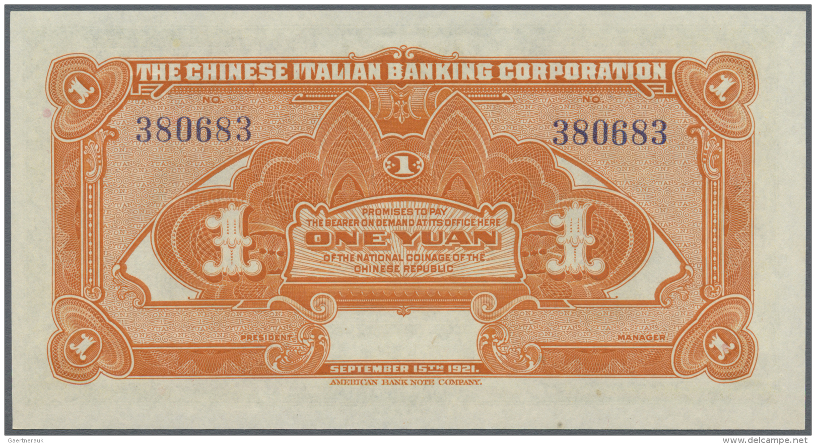 China: 1 Yuan 1921 "The Chinese Italian Banking Corporation" P. S253 In Great Crisp And Colorful Original Condition: UNC - Chine