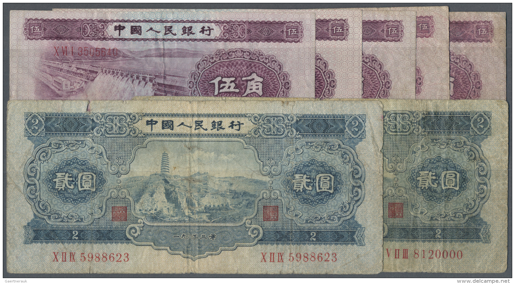China: Nice Lot With 5 X 5 Jiao 1953 In Fine To Fine+ Condition And 2 X 2 Yuan 1953 In Well Worn Condition, P.865, 867: - Cina