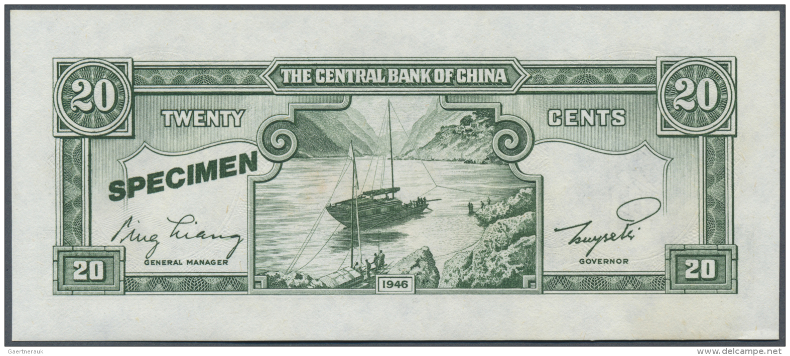 China: 20 Cents Central Bank Of China 1946 Specimen P. 395As, Light Dint At Lower Left Corner, Condition: AUNC. - Cina