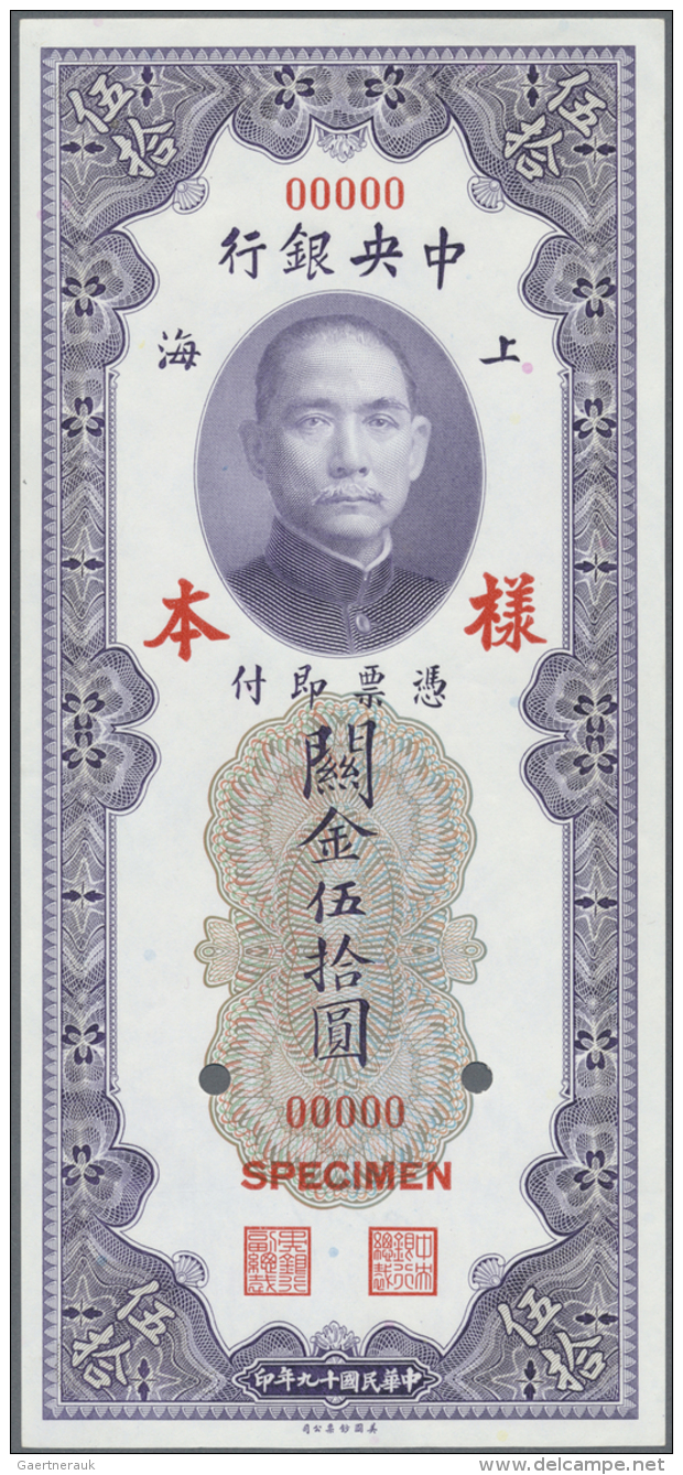 China: Central Bank Of China 50 Custom Gold Units 1930 SPECIMEN P. 329s, Front And Back Seperately Printed On ABNC Bankn - Chine