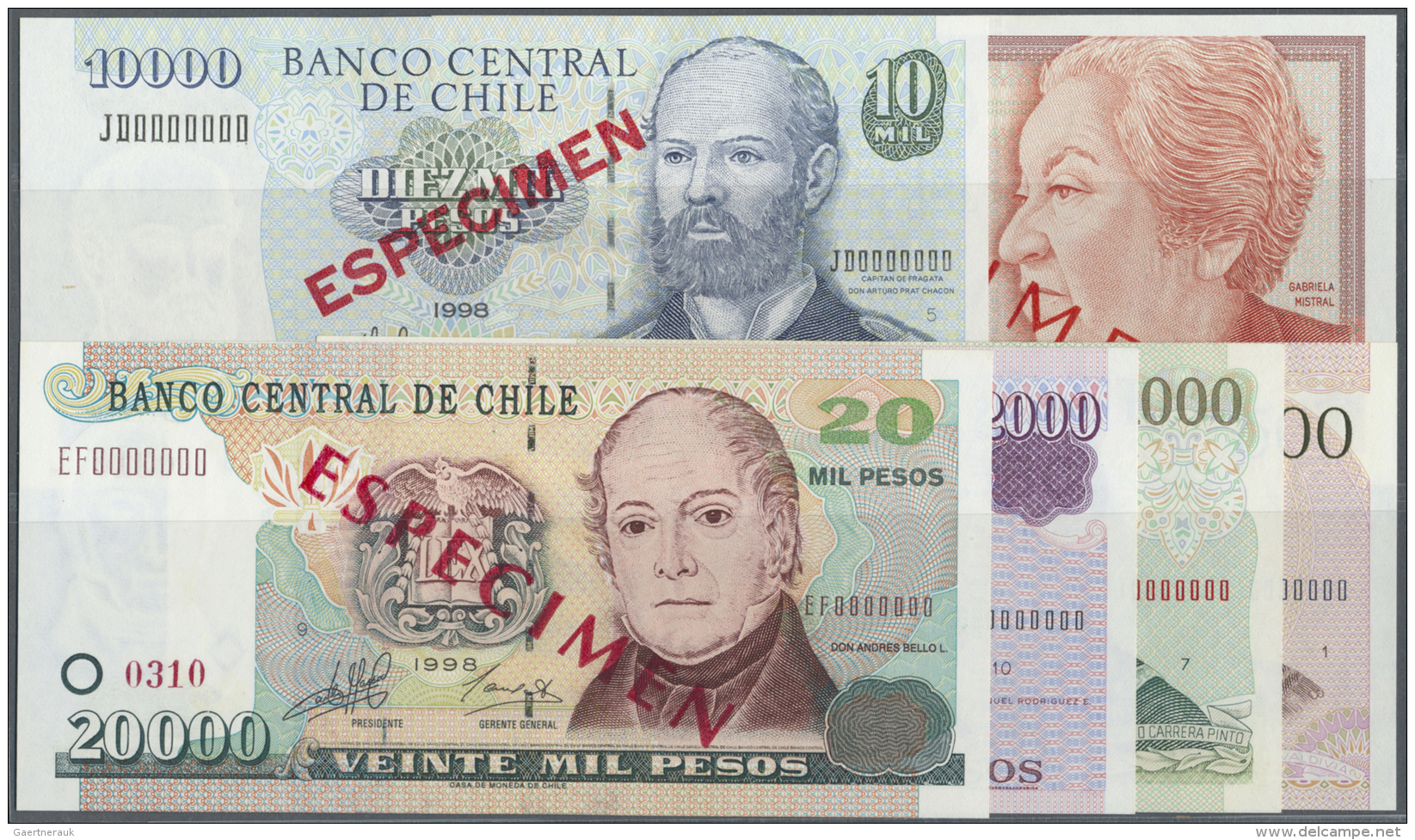 Chile: Set Of 6 Specimen Notes Containing 500 Pesos 1999, 1000 Pesos 1999, 5000 Pesos 1993, 10.000 Pesos 1998, 2000 Peso - Cile