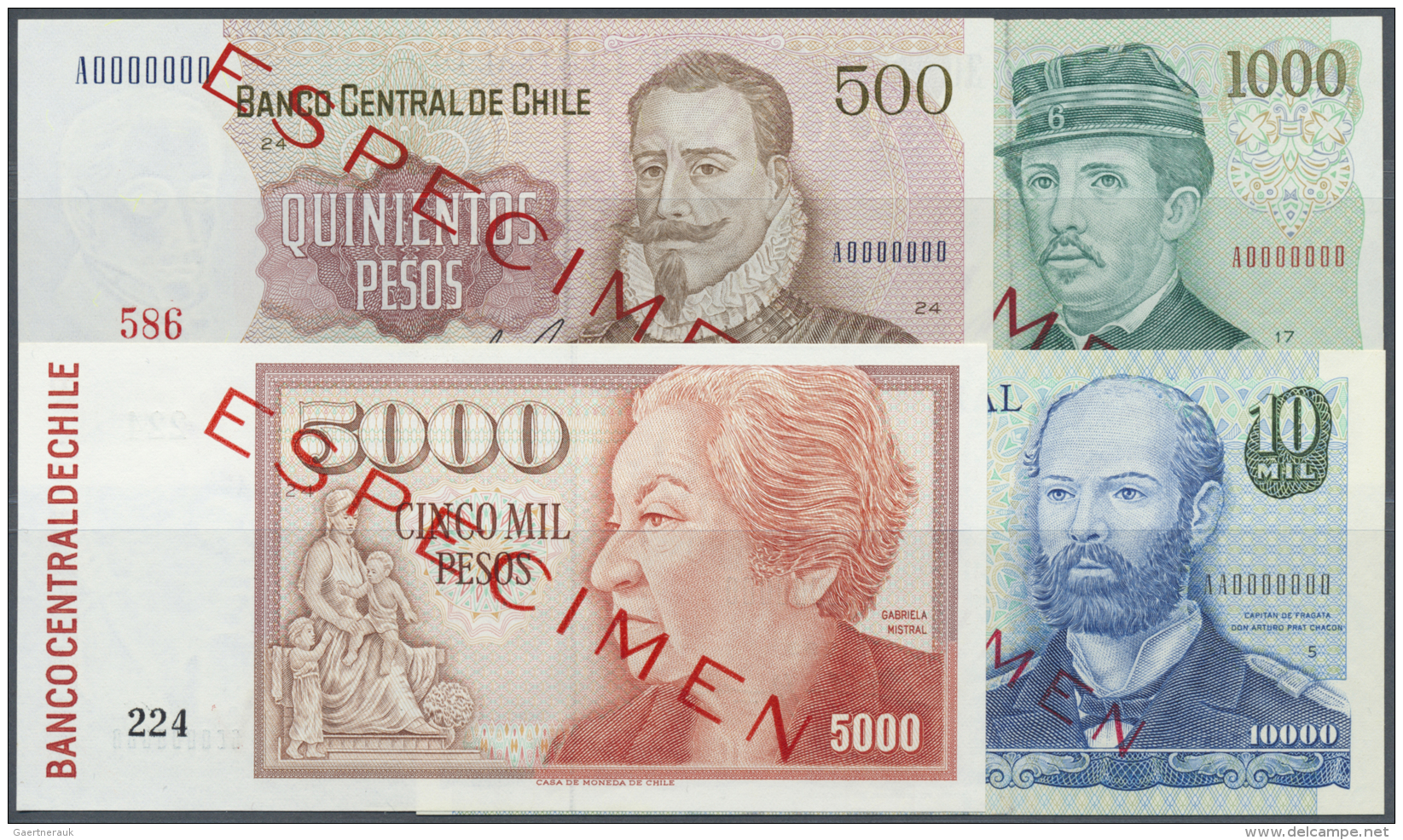 Chile: Set Of 4 Specimen Banknotes Containing 500 Pesos 1977 P. 153s, 100 Pesos 1978 P. 154s, 5000 Pesos 1993 P. 155s An - Chili