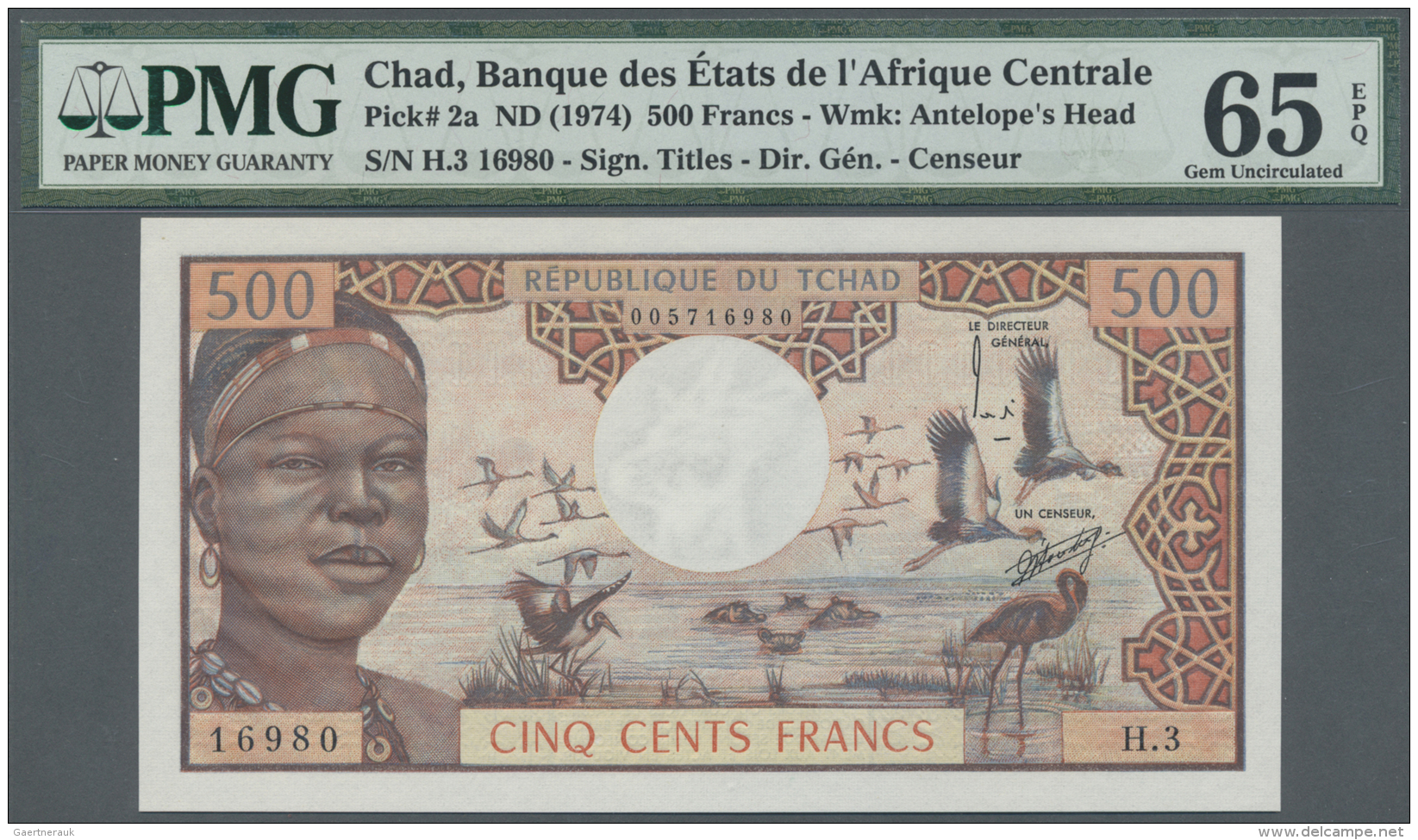 Chad / Tschad: 500 Francs ND(1974) P. 2a, Condition: PMG Graded 65 GEM UNC EPQ. - Ciad
