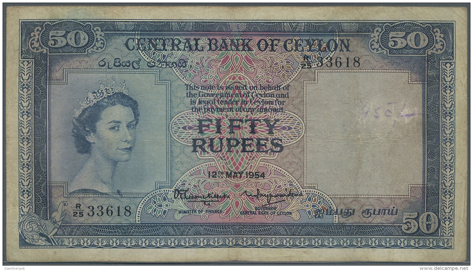 Ceylon: 50 Rupees 1954 Portrait QEII P. 52, Used With Several Folds And Creases, Stained Paper, No Holes Or Tears, Paper - Sri Lanka