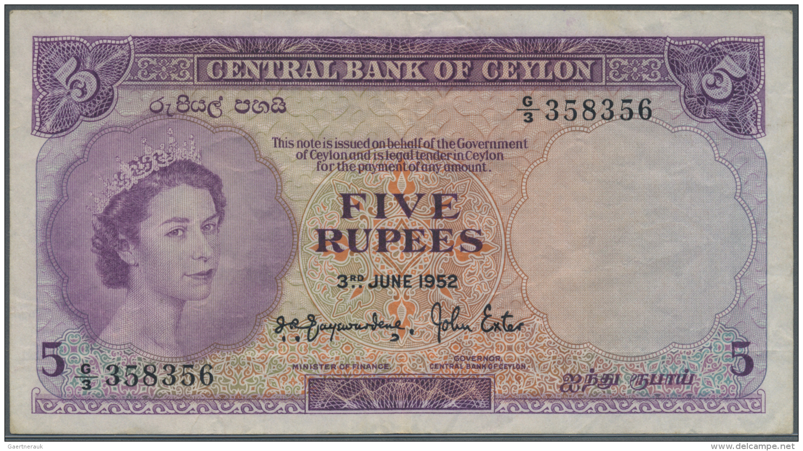 Ceylon: 5 Rupees 1952 P. 51, Used With Some Folds And Creases But No Holes Or Tears, Not Washed Or Pressed, Paper Still - Sri Lanka