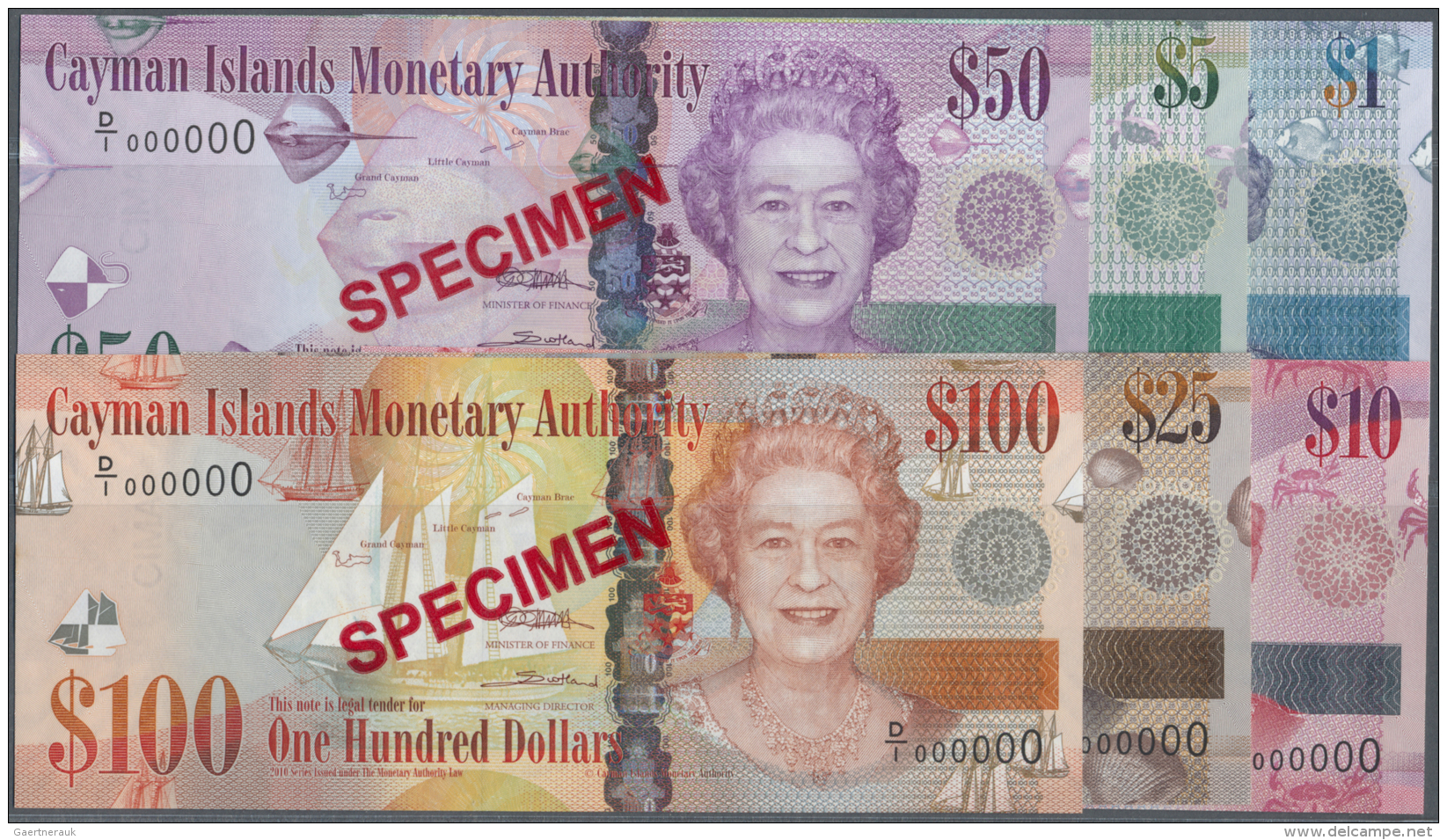 Cayman Islands: Set Of 6 Specimen Banknotes Containing 1, 5, 10, 25, 50 And 100 Dollars 2010 Specimen P. 38s-43s, All In - Iles Cayman