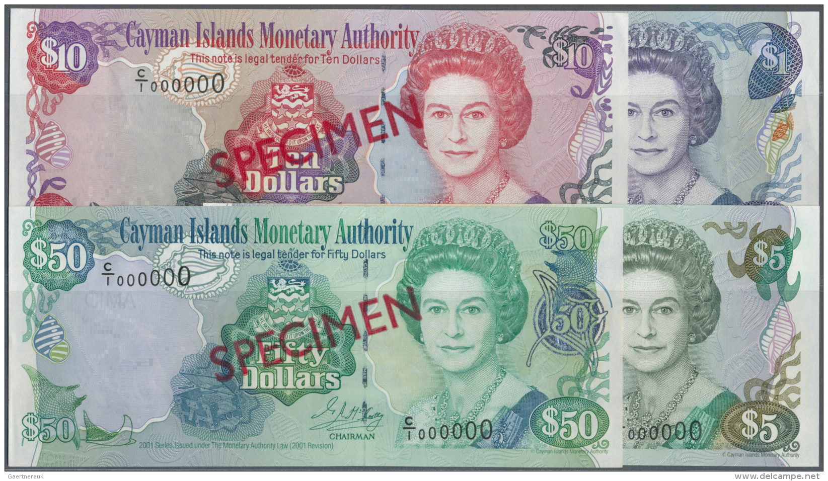 Cayman Islands: Set Of 4 SPECIMEN Notes Containing 1, 5, 10 And 50 Dollars 2001 Specimen P. 26s-29s, The 1 Dollar With L - Iles Cayman