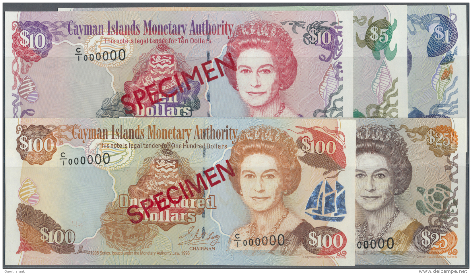 Cayman Islands: Set Of 5 SPECIMEN Notes Containing 1, 5, 10, 25 And 100 Dollars 1998 SPECIMEN P. 21s-25s, All In Conditi - Iles Cayman