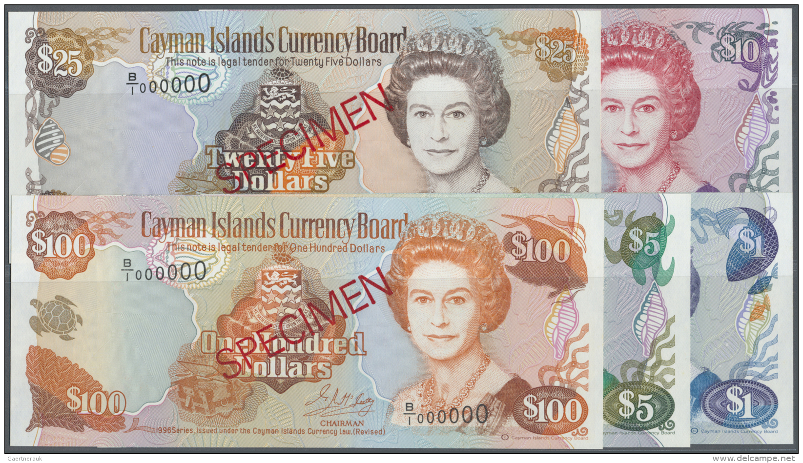 Cayman Islands: Set Of 5 SPECIMEN Notes Containing 1, 5, 10, 25 And 100 Dollars 1996 SPECIMEN P. 16s-20s, All In Conditi - Iles Cayman