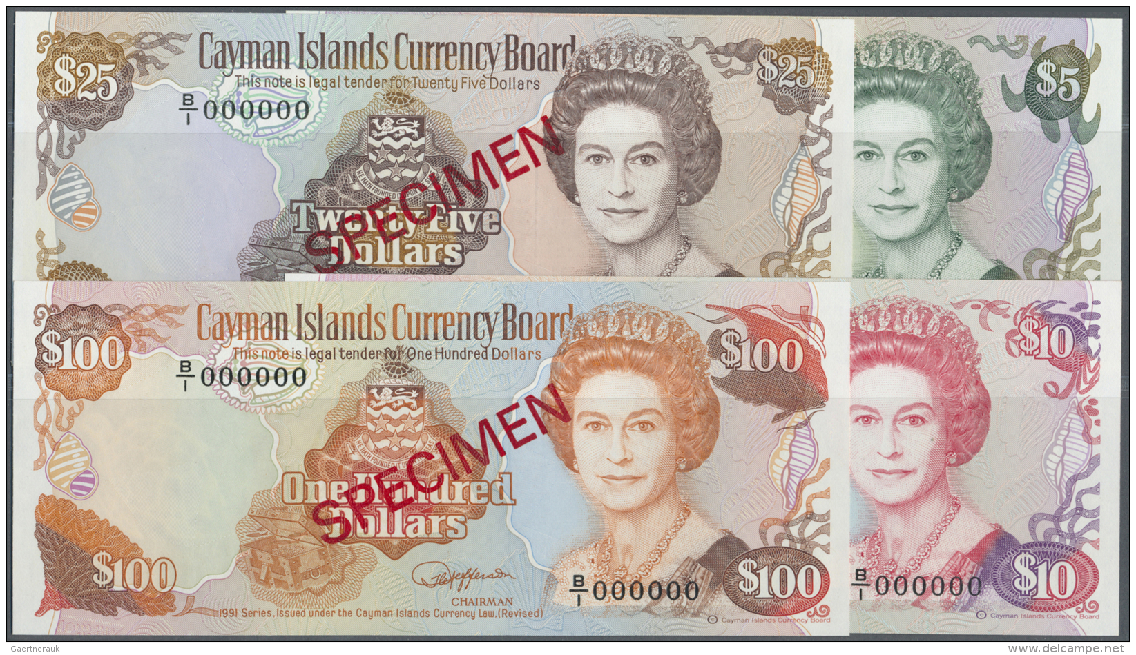 Cayman Islands: Set Of 4 SPECIMEN Notes Containing 5, 10, 25 And 100 Dollars 1991 SPECIMEN P. 12s-15s, All In Condition: - Isole Caiman