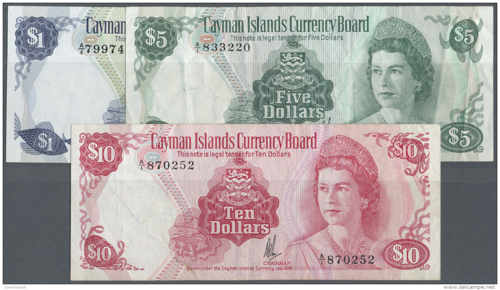Cayman Islands: Set With 1, 5, 10 Dollars L.1974, P.5, 6, 7, All With Handling Marks Like Several Folds, Slightly Toned - Iles Cayman