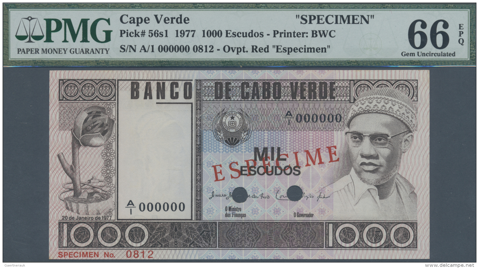 Cape Verde / Kap Verde: 1000 Escudos 1977 Specimen P. 56s1, Condition: PMG 66 Gem UNC EPQ. - Cap Vert