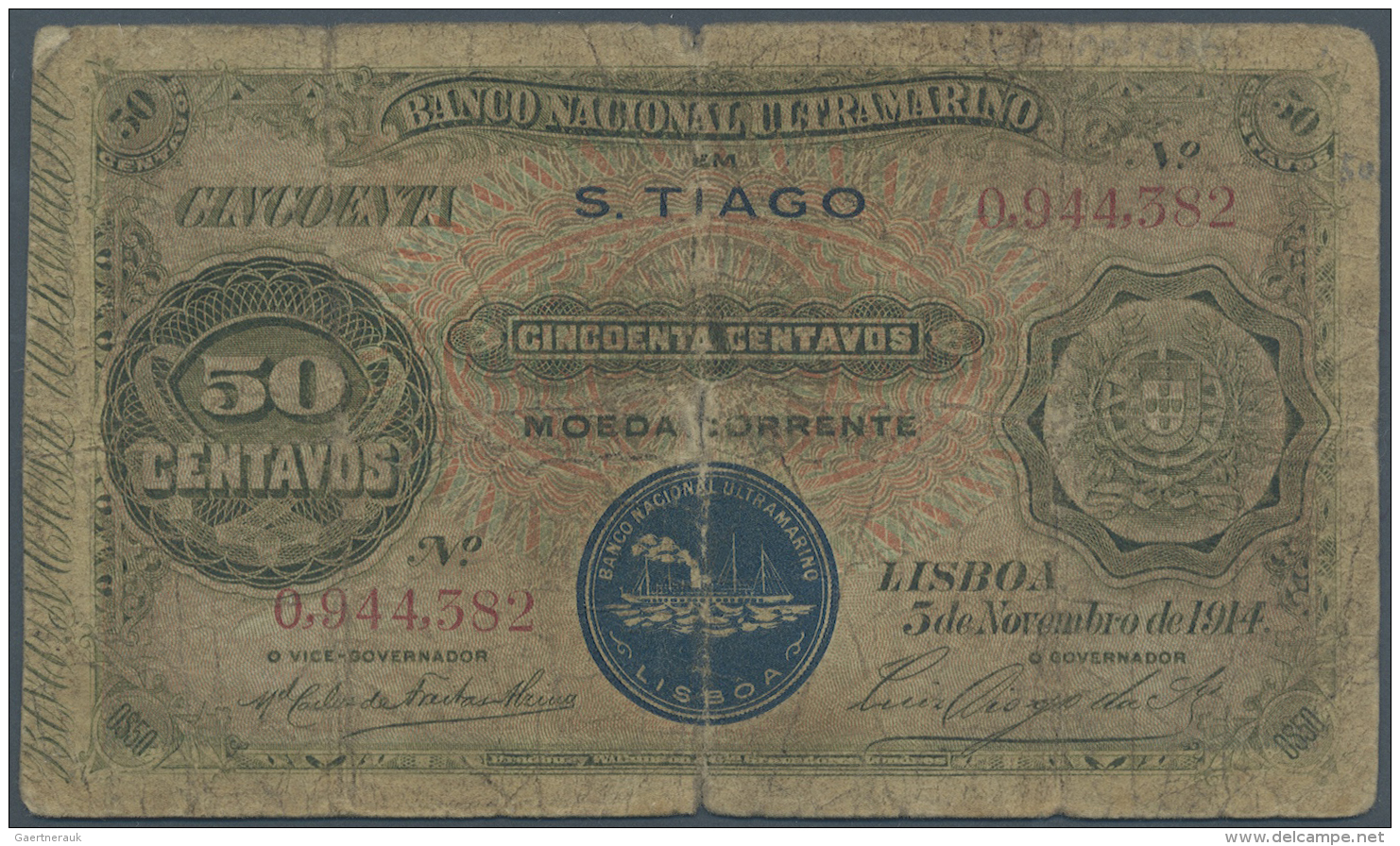 Cape Verde / Kap Verde: 50 Centavos 1914 With Ovpt. S.TIAGO And Seal Type II At Lower Center, P.16 In Well Worn Conditio - Cap Vert