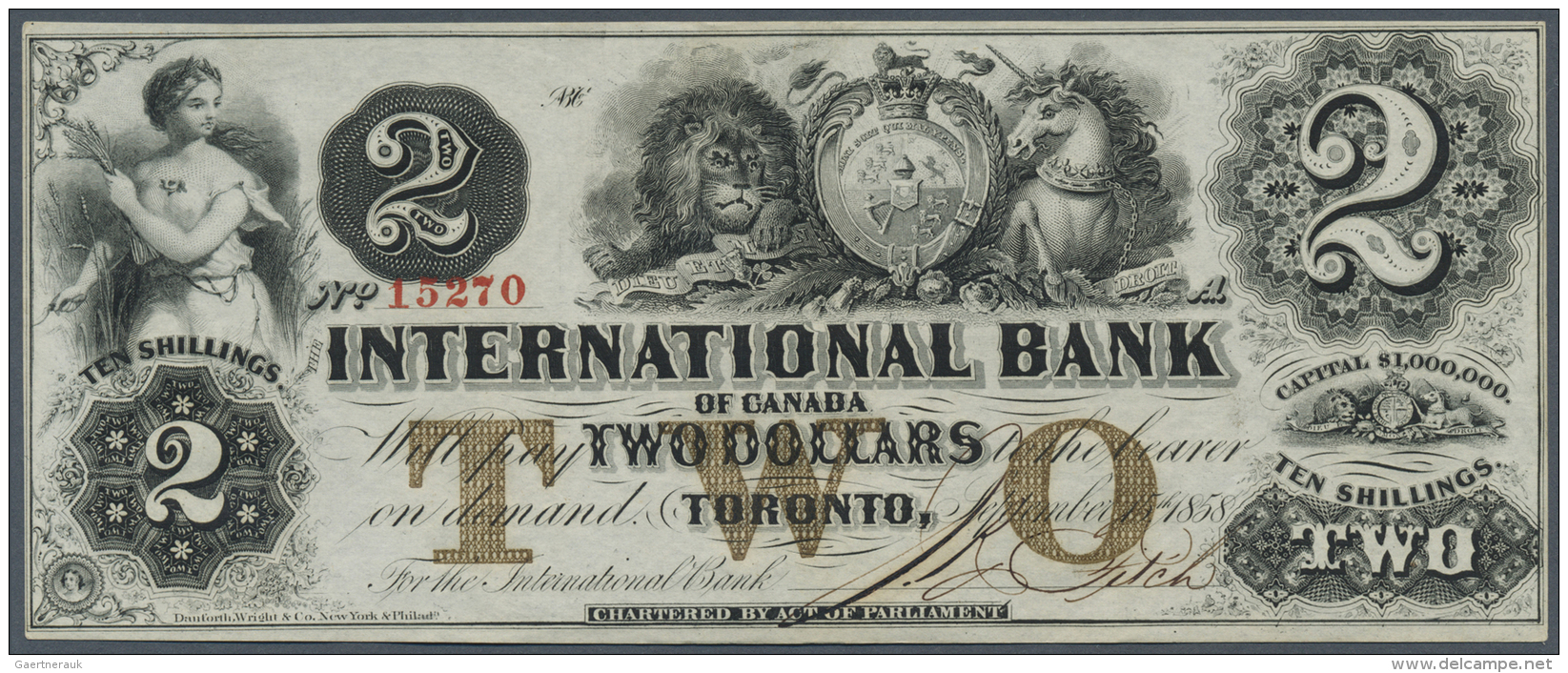 Canada:  International Bank Of Canada 2 Dollars 1858, Printer  Danforth, Wright &amp; Co., New York &amp; Philadelphia, - Canada