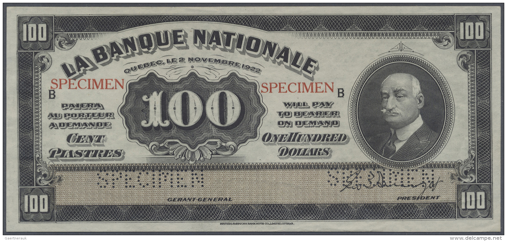 Canada: 100 Dollars / 100 Piastres 1922 Specimen P. S875s Issued By "La Banque Nationale" With Two "Specimen" Perforatio - Canada