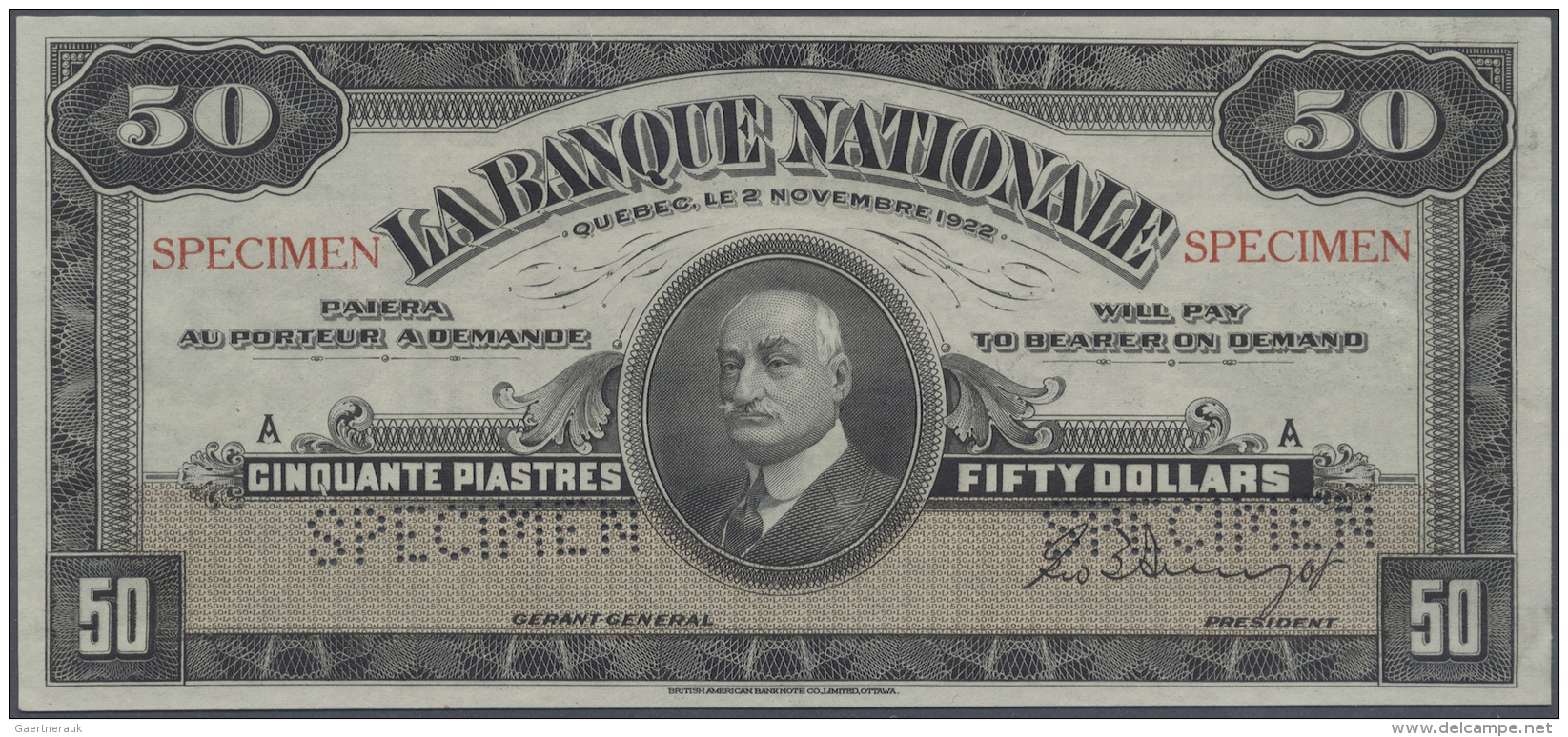 Canada: 50 Dollars / 50 Piastres 1922 Specimen P. S874s Issued By "La Banque Nationale" With Two "Specimen" Perforations - Kanada