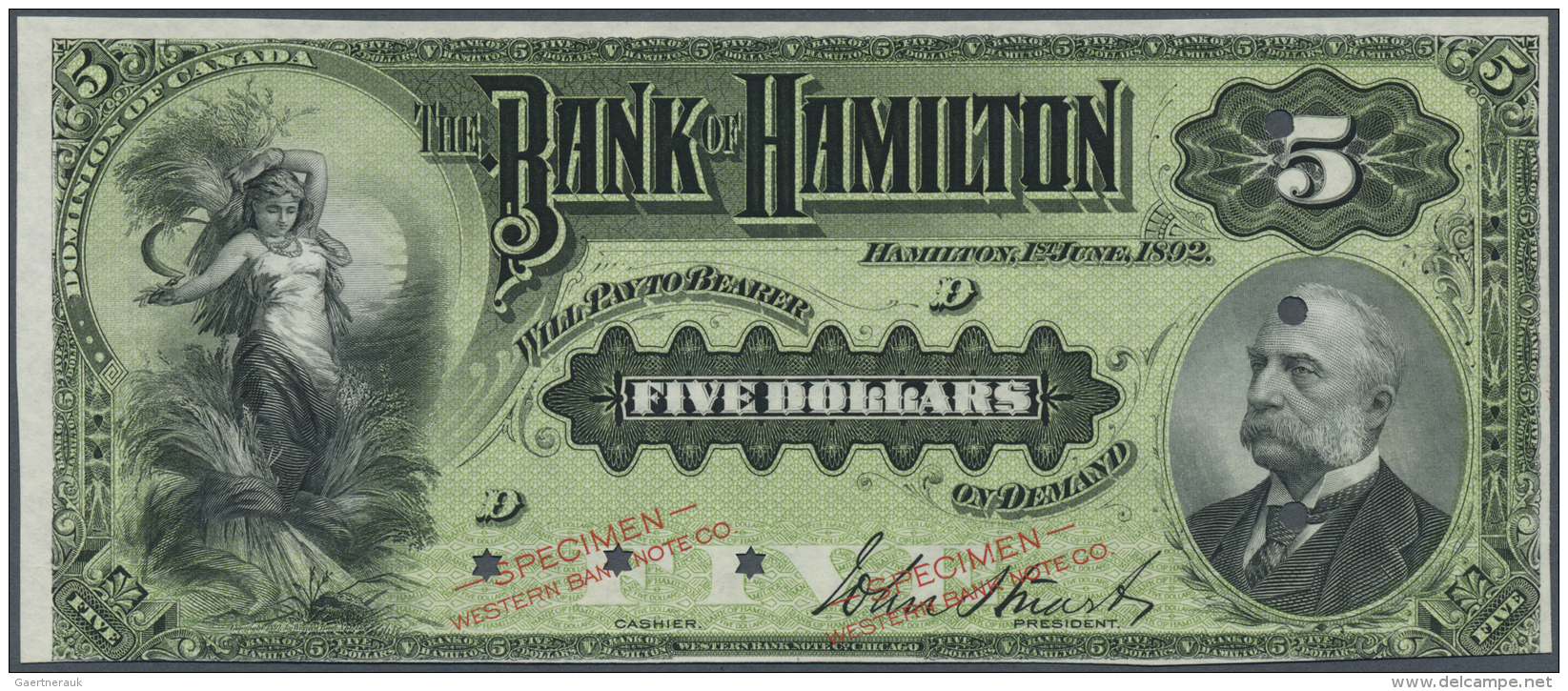 Canada: Bank Of Hamilton 5 Dollars 1892 SPECIMEN, P.S451s, Extraordinary Rare Note With Star Hole Cancellation And Two T - Canada