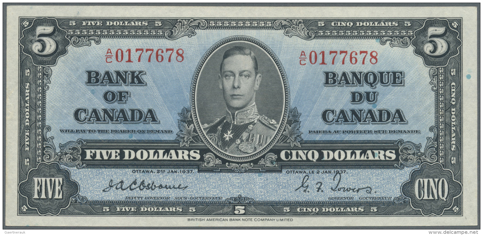 Canada: 5 Dollars 1937 In Excellent Condition, Just A Slightly Horizontal Fold At Center. Condition: XF - Canada