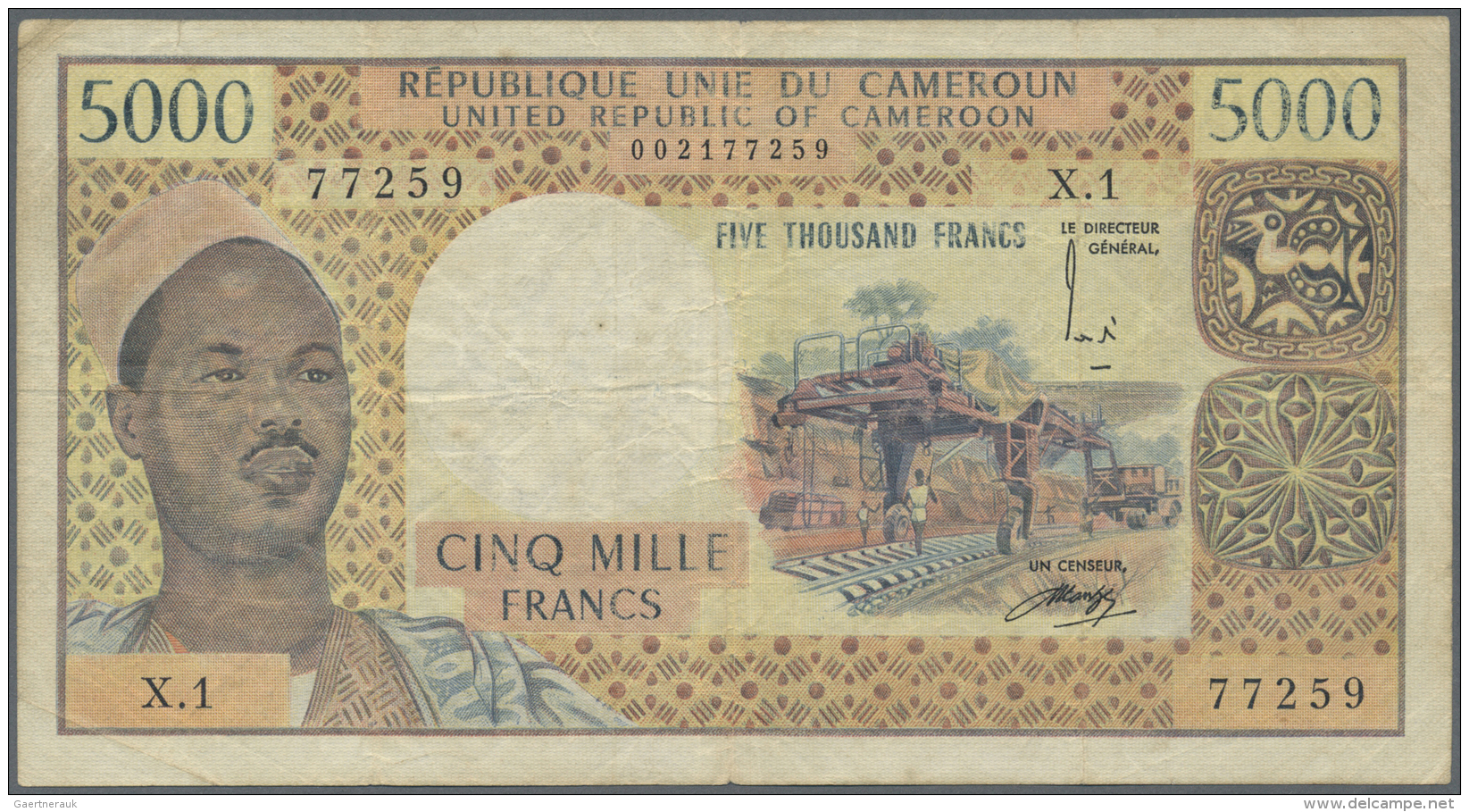 Cameroon / Kamerun: 5000 Francs ND(1974) P. 17b, Used With Several Folds And Light Stain In Paper, No Holes, Still Nice - Camerun
