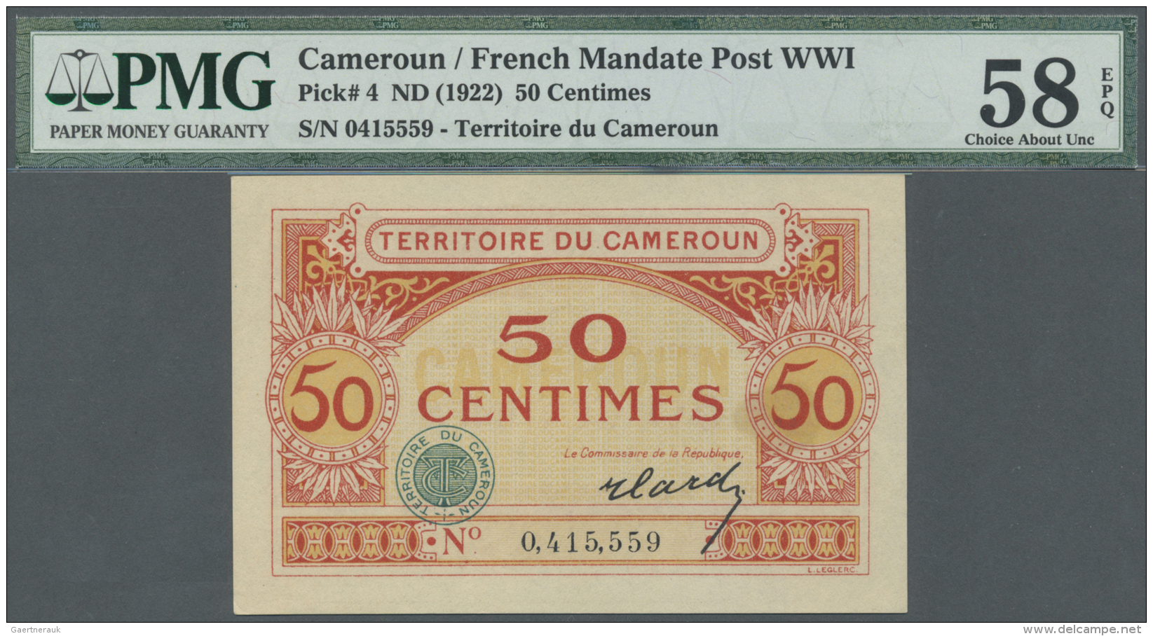 Cameroon / Kamerun: 50 Centimes ND(1922) P. 4, Rare Note Especially In This Condition: PMG Graded 58 Choice About UNC EP - Cameroun