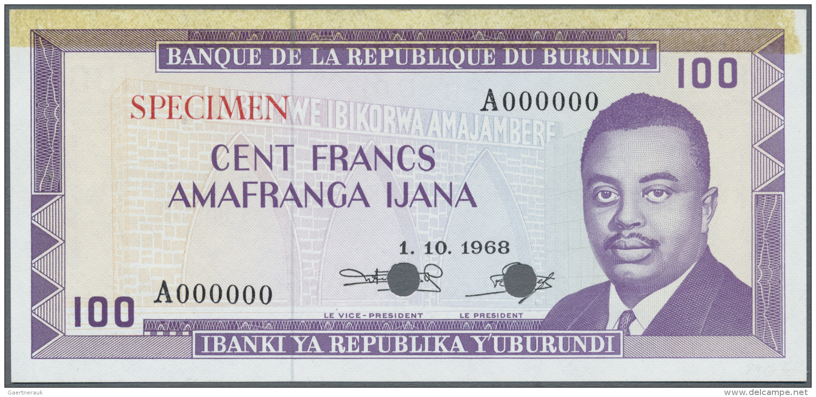 Burundi: 100 Francs 1968 Specimen P. 23a, With Yellow Glue Trace From Former Mounting, Condition: AUNC. - Burundi