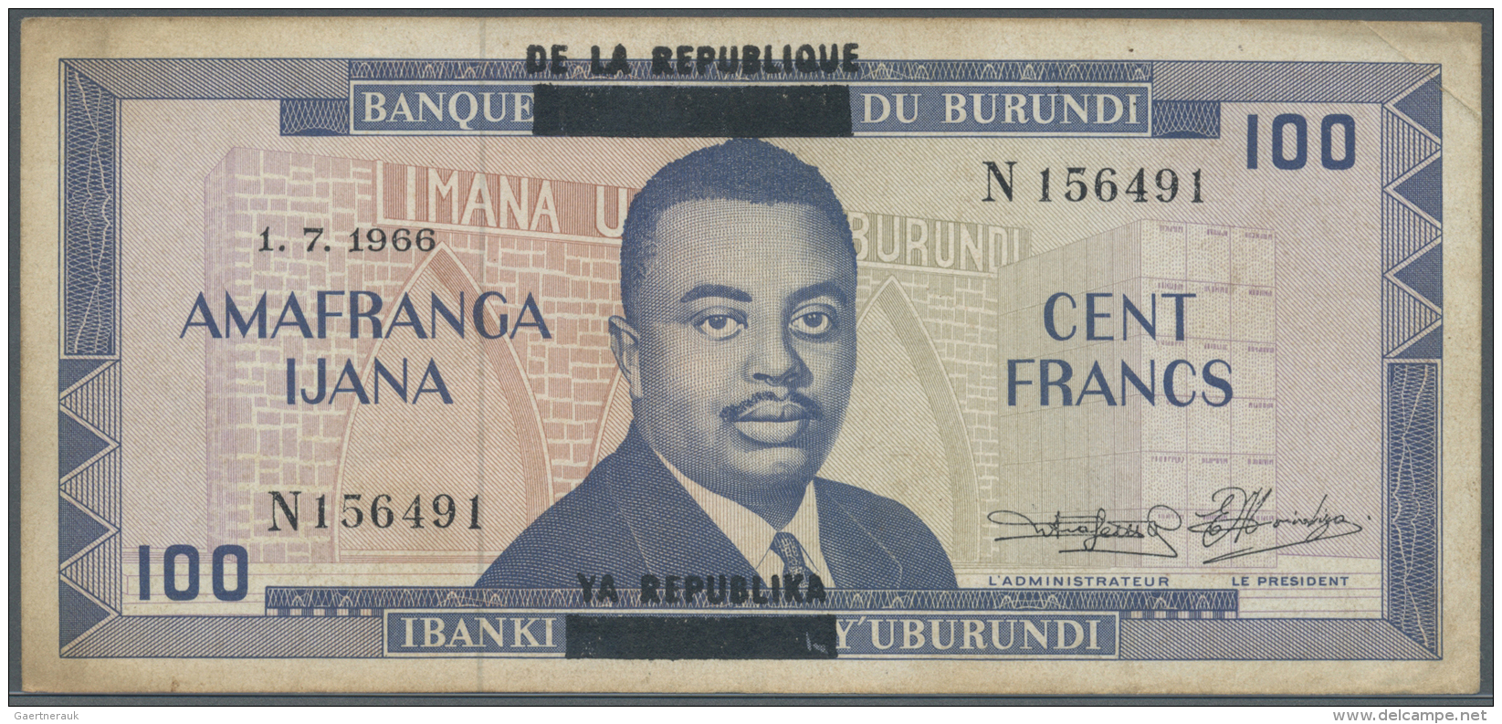 Burundi: 100 Francs 1966 P. 17, With Black Overprint, One Light Center Fold, Handling And Light Stain In Paper, Especial - Burundi