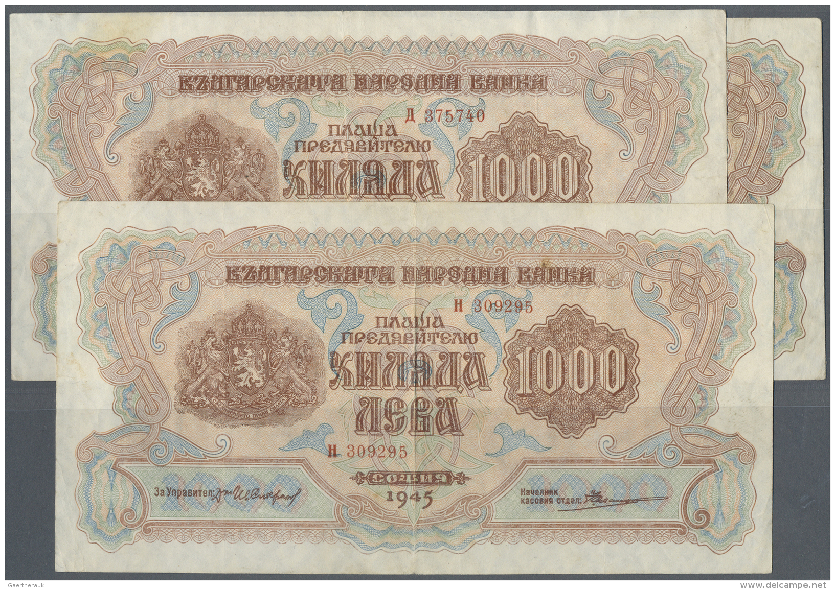 Bulgaria / Bulgarien: Set With 3 Banknotes 1000 Leva 1945, P.72a, All In Used Condition With Several Folds, Slightly Sta - Bulgarie