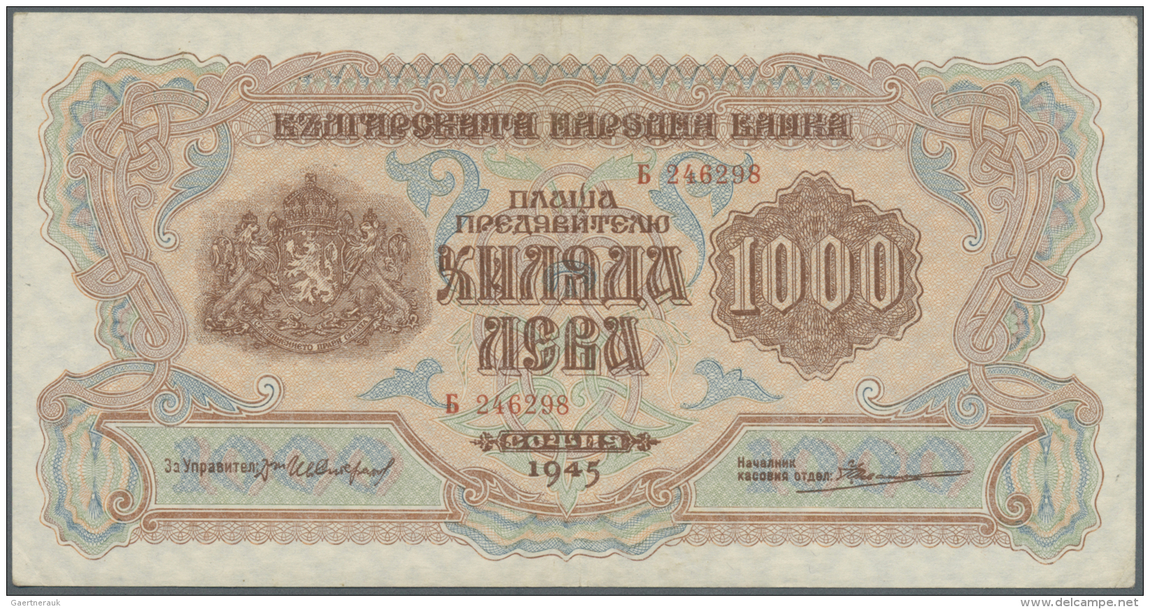 Bulgaria / Bulgarien: 1000 Leva 1945, P.72, Still A Nice Note With Tiny Dints At The Corners, Slightly Stained Paper And - Bulgarie