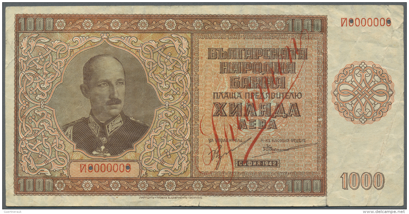 Bulgaria / Bulgarien: 1000 Leva 1942 Specimen P. 61s, Zero Serial Numbers, Red Specimen Overprint On Both Sides, 4 Cance - Bulgarie