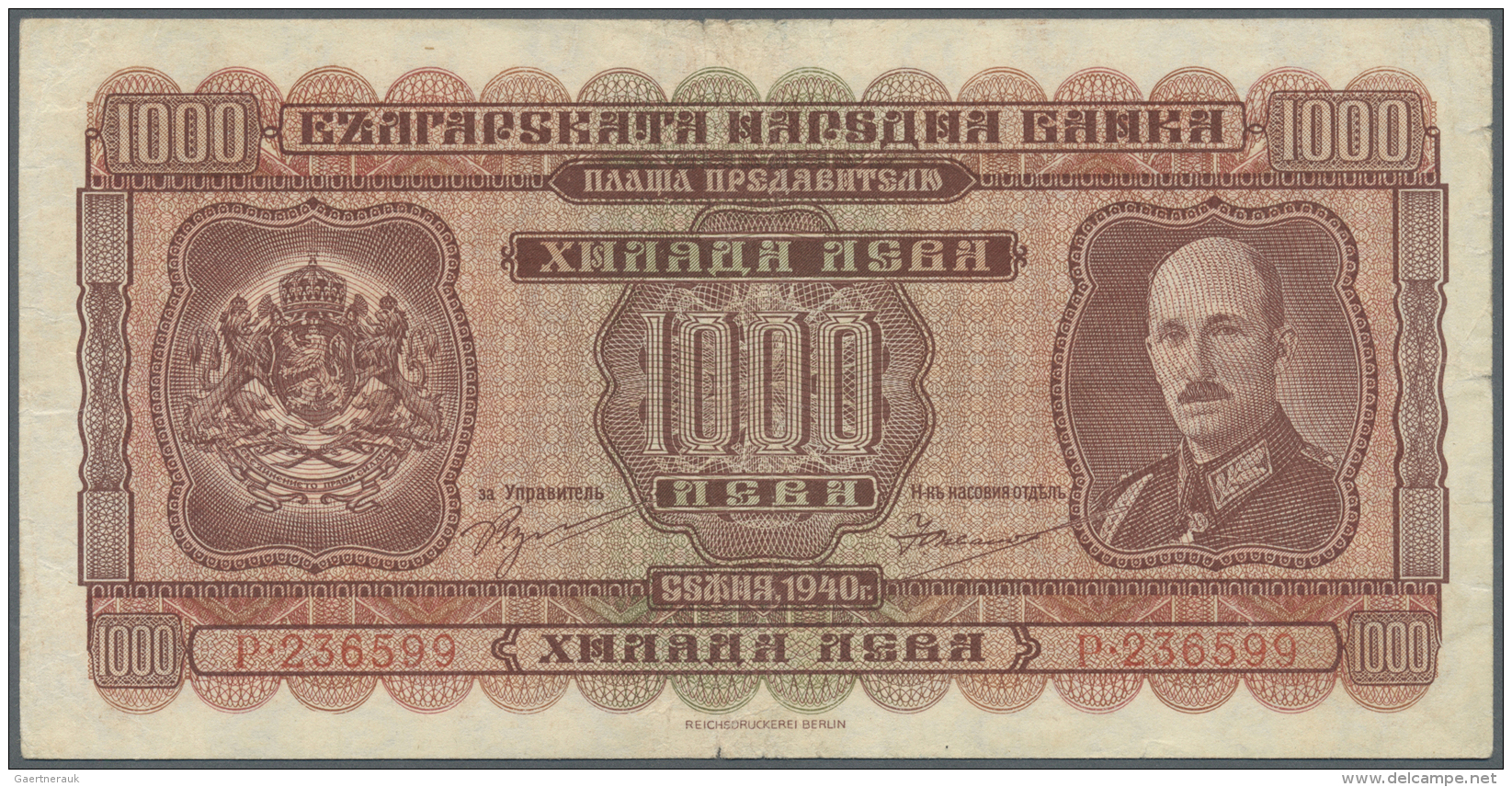 Bulgaria / Bulgarien: 1000 Leva 1940, P.59, Used Condition With Tiny Tears At Upper And Lower Margin And Right Border. C - Bulgarie