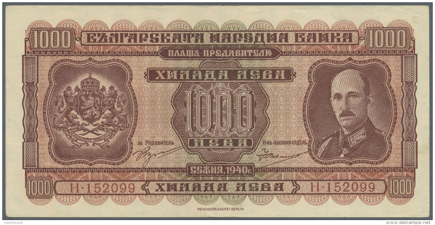 Bulgaria / Bulgarien: 1000 Leva 1940 Printer Reichsdruckerei Berlin, P.59 In Nice Used Contion With Several Folds And St - Bulgaria