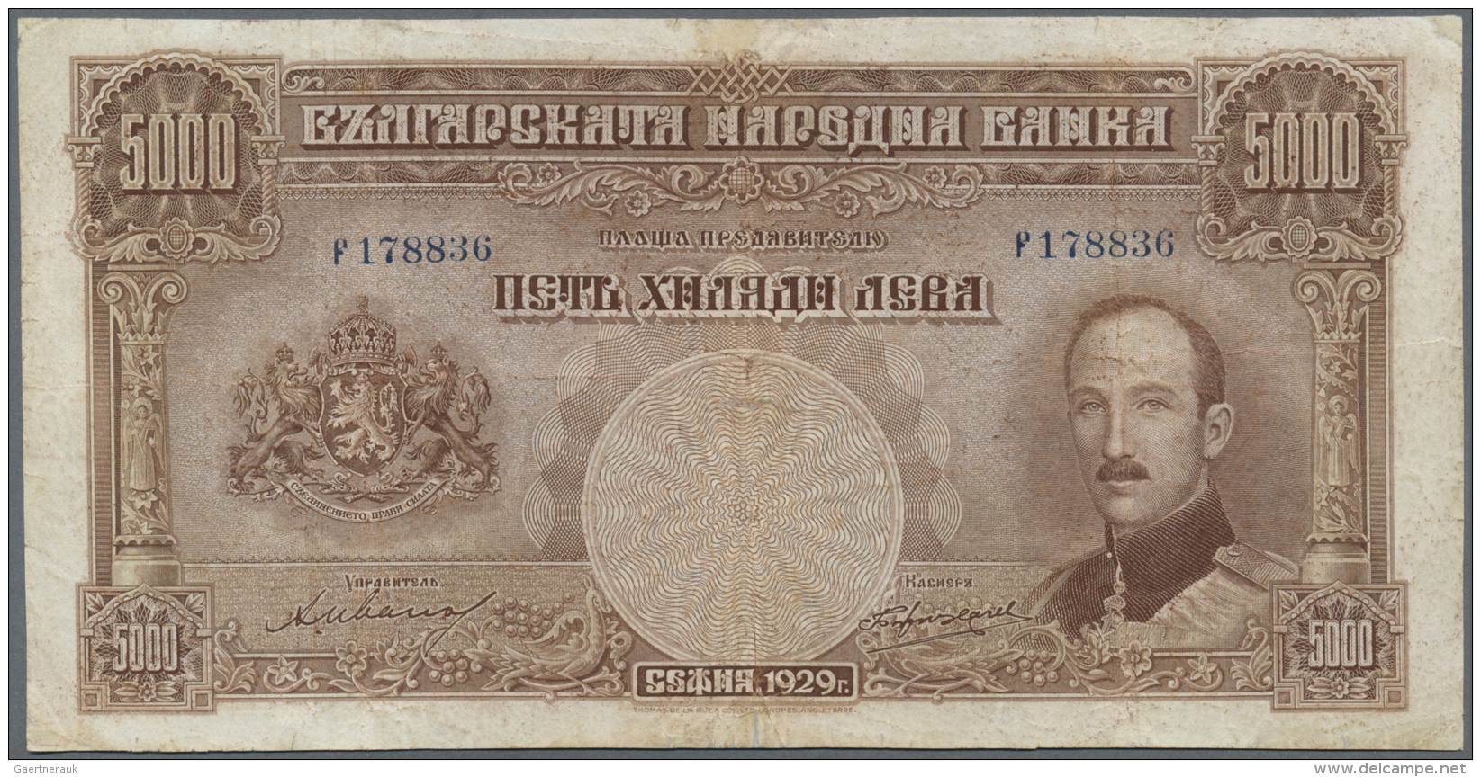 Bulgaria / Bulgarien: 5000 Leva 1929  Thomas De La Rue, London, P.54, Highest Denomination Of This Series And Rare In We - Bulgarie