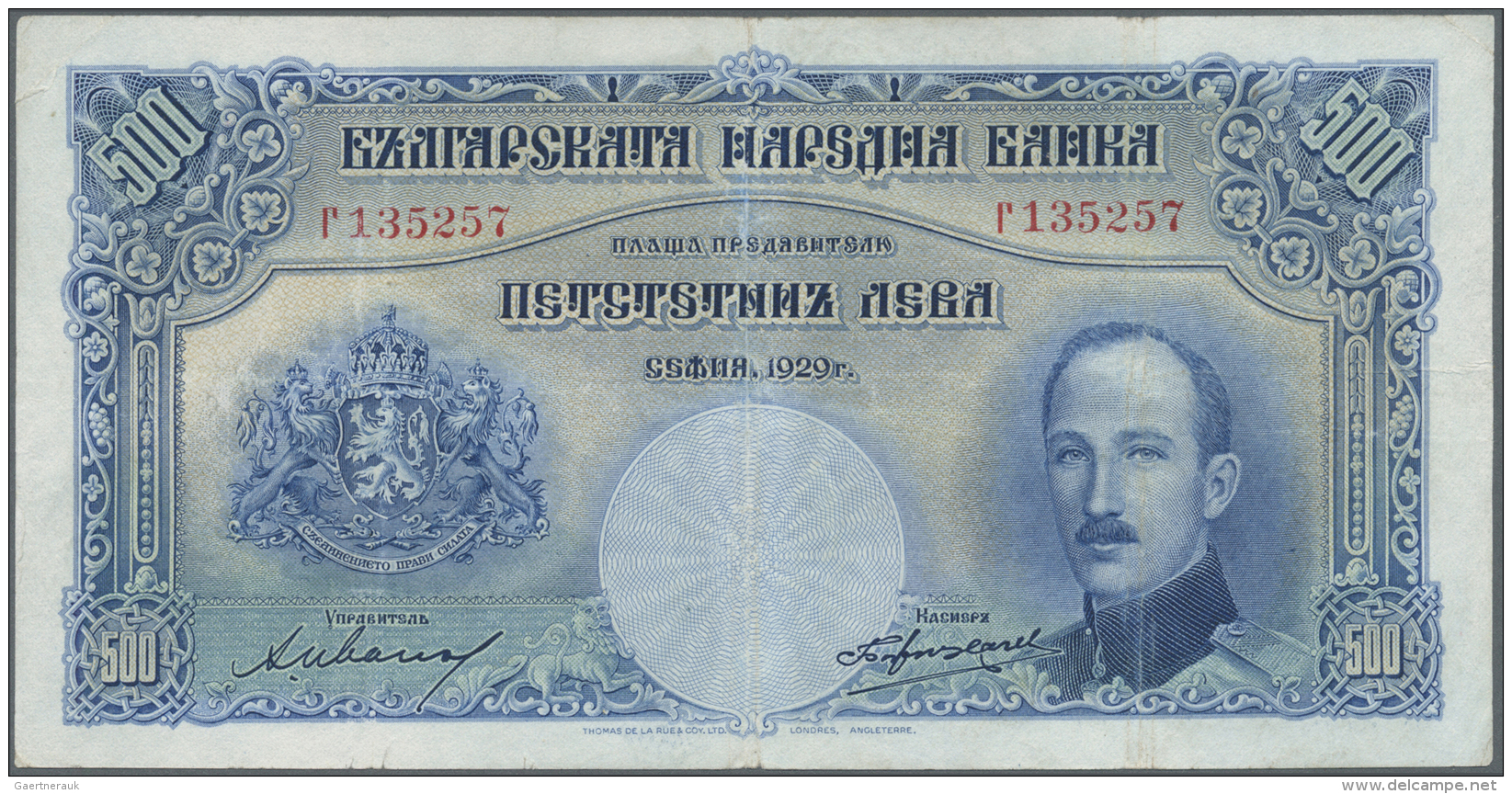 Bulgaria / Bulgarien: 500 Leva 1929 Printer Thomas De La Rue, London, P.52 In Used Condition With Several Folds And Crea - Bulgaria