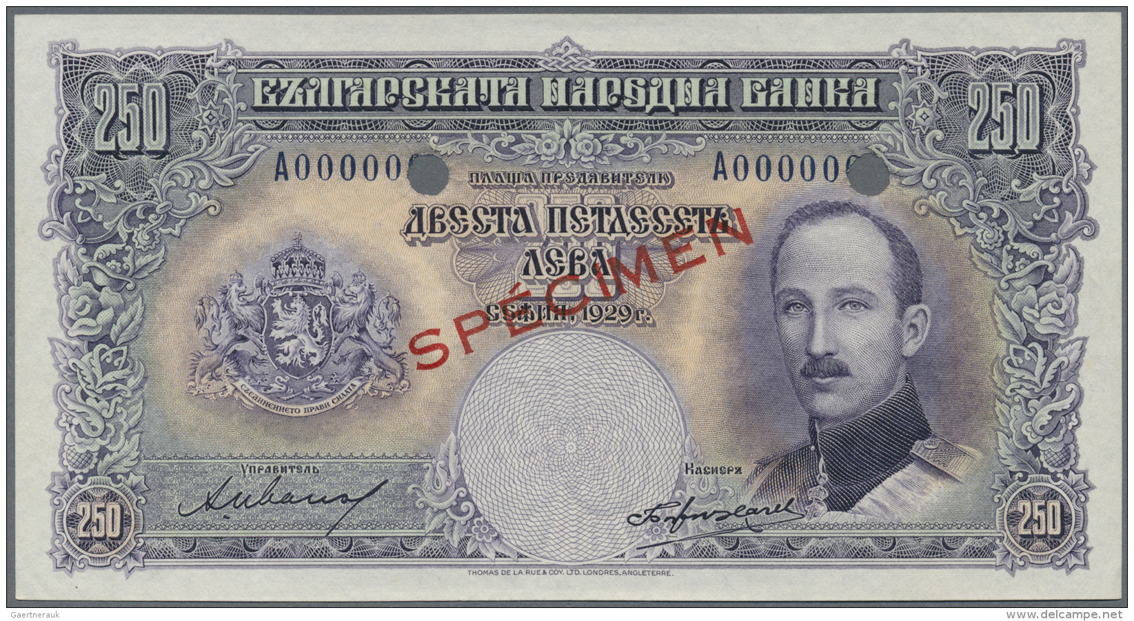 Bulgaria / Bulgarien: 250 Leva 1929, Printer  Thomas De La Rue, London SPECIMEN, P.51s In Perfect UNC Condition - Bulgarie