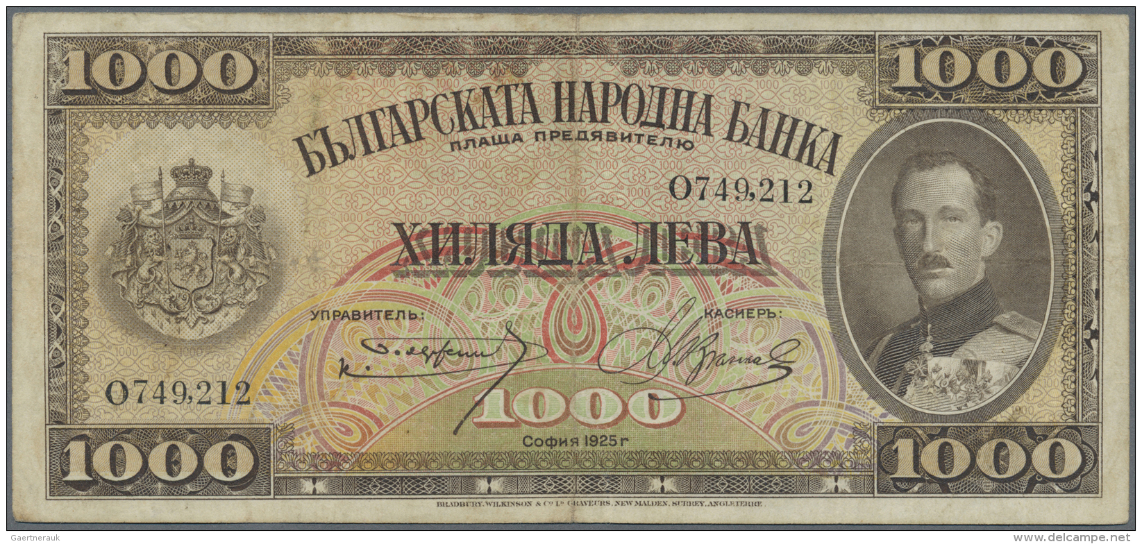 Bulgaria / Bulgarien: 1000 Leva 1925, Printer B&amp;W, Nice Used Condition With Several Folds, Slightly Stained Paper An - Bulgarie